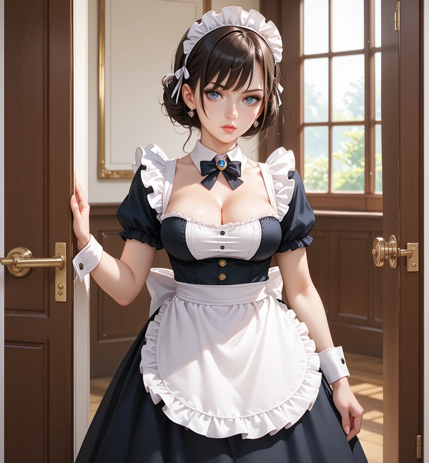 (masterpiece, best quality, ultra detailed, absurdres:1.5), 1girl, (sexy, beautiful woman, perfect face, perfect eyes, perfect female body, large breasts:1.5), (fr3nchma1d, red maid, maid headdress, thighhighs, red garter straps, high heels, l0ngma1d, long sleeves, bow, apron, maid, frilled apron, long hair, <lora:fr3nchma1d:0.7>), (standing, indoors, mansion), perfect lighting, smooth, hdr