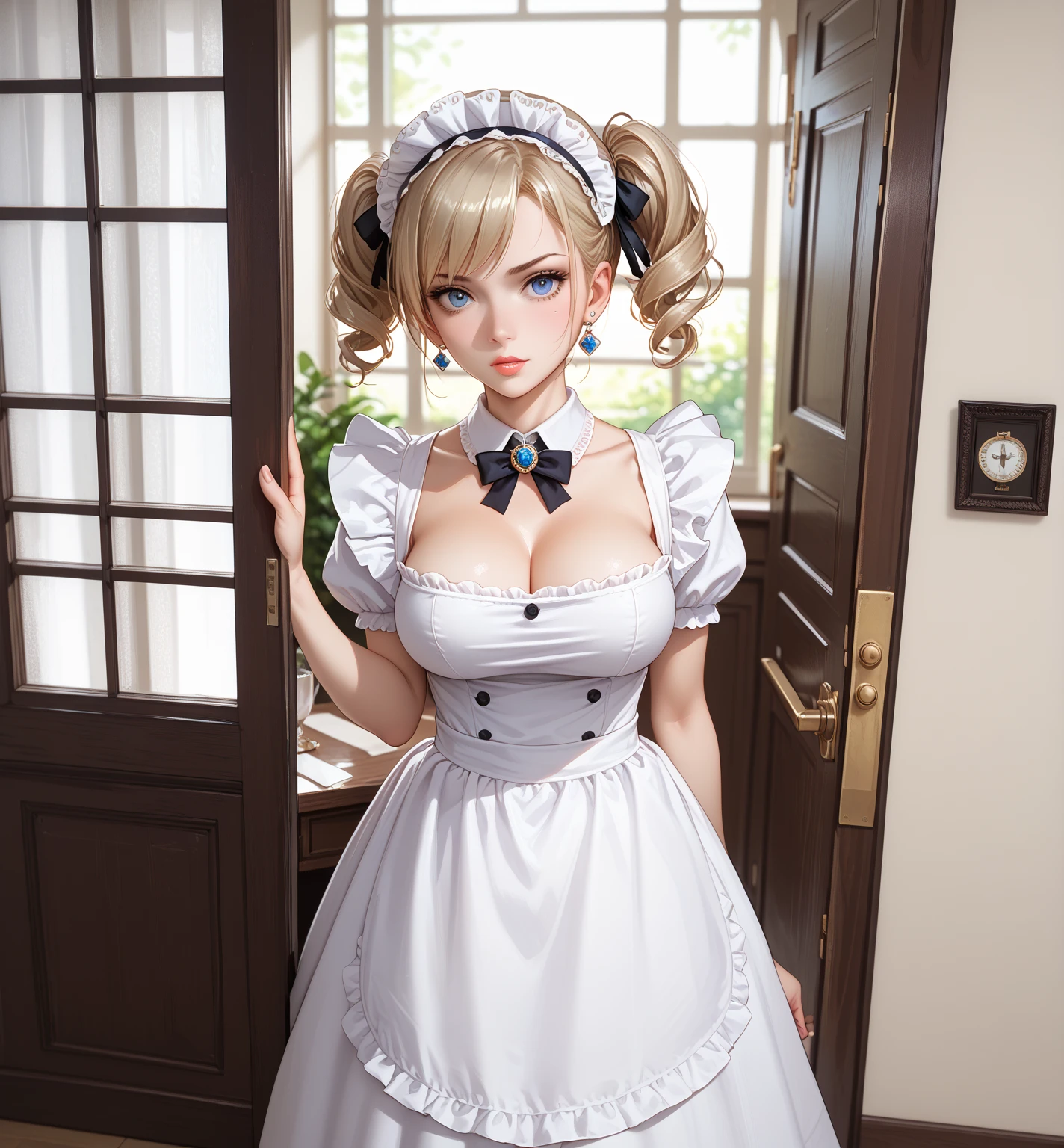 teens girl(masterpiece:1.4)、(in 8K、realisitic、Raw photo、top-quality:1.4)、soio、(Real Face:1.4)、(real looking skin:1.3)、超A high resolution、A hyper-realistic、beautiful finely detailed eyes、Blonde Bob Cut、Blue eyes、耳Nipple Ring、Maids、maid clothes、Head dress、high detailing、(huge-breasted:1.5)、Blushing、troubled look、gargantilha、Popular Korean Makeup、to stand、Inside the mansion