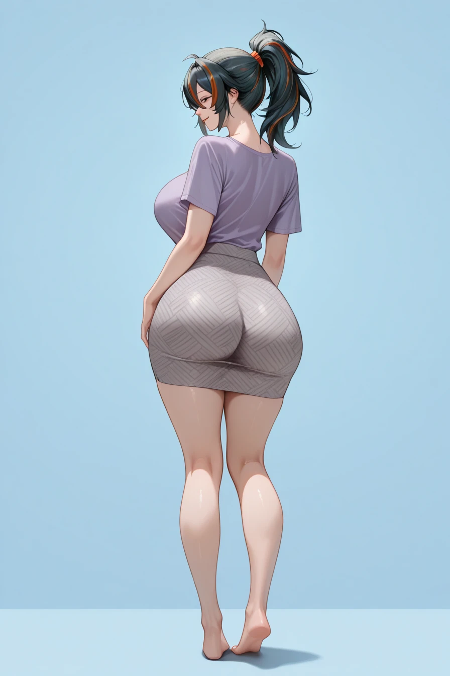 Masterpiece, perfect face, perfect body, perfect breasts, perfect legs, perfect hands, perfect fingers, gorgeous face, very huge breasts, long black hair, erect nipples, skimpy clothes, green crop top, very short shorts, jean shorts, bare midriff, bare shoulders, curvy, big ass, slutty, SFW, non-nude, from behind, huge ass, Tsuyu Asui, froppy