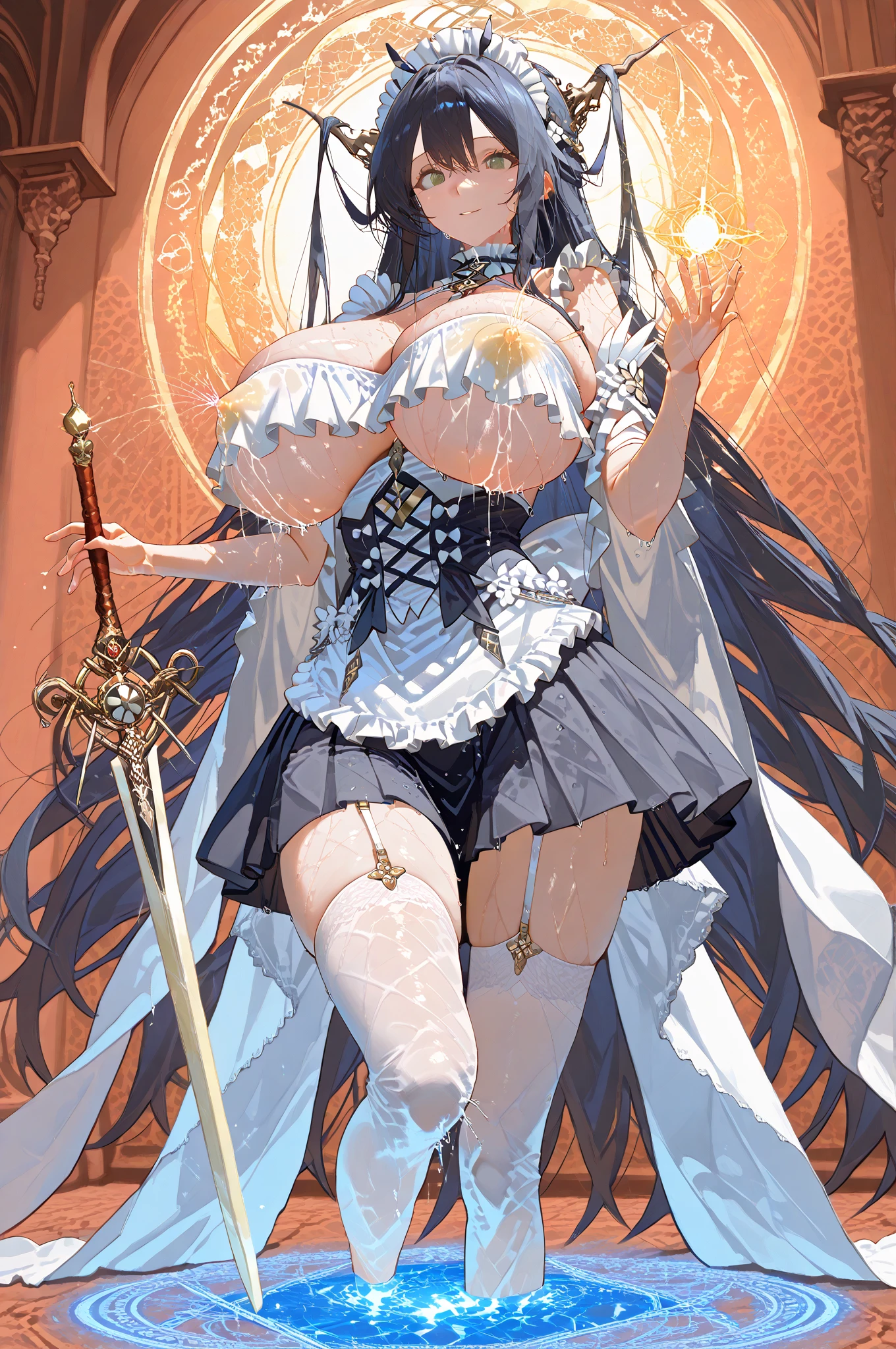 ((anime artstyle)),(Masterpiece), (Best Quality), (Super Detail), Illustration, (((Very Delicate and Beautiful))),Dynamic Angle,Looking at viewer,((((Solo)))),(((Full body))),(((1 arrogant empress in See-through white wedding dress having a wedding ceremony in a royal palace))),(standing),(((embarrassed))),anguish,Purple eyes,(Sharp eyes),Detailed Face, Long Eyelashes,Jet Black Hair,Straight Hair,((Very Long Hair)),Bangs between eyes,((((gigantic breasts)))),cleavage,((skindentation)),curvy,off shoulder,See-through,(((fusion of See-through white wedding dress and white rococo ball gown))),(fluffy See-through rococo white wedding ball gown with gorgeous embroidery),(((hoop skirt))),long skirt,corset,crinoline,long bridal veil,ultra long gloves,Beautifully Gorgeous jeweled big tiara,Beautifully Gorgeous gem earrings,Beautifully Gorgeous jeweled necklace,Beautifully Gorgeous jeweled ornaments,indoor,white lily flowers, flower petals flowing,Stained glass,light particles,Sacred Light