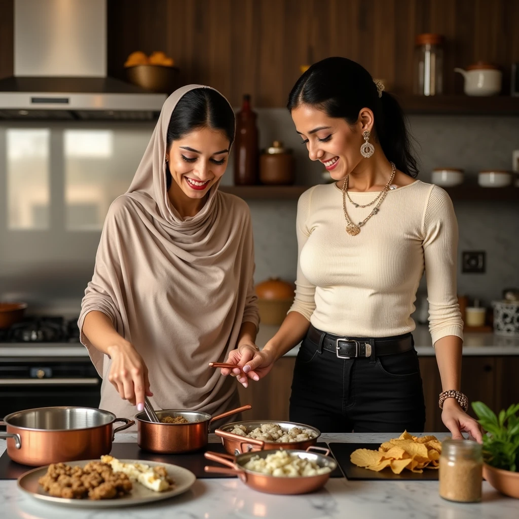 (photorealism:1.2), a top aerial view of two malay hijab beauty girl sitting,, wear a shabby blouse shirt and a batik sarong sitting on a floor in a traditional kitchen, a girl is pouring a milk into a wok and her friend is pick up a plate of meal, old urn, top aerial angle, in a morning sunshine, sitting on a floor