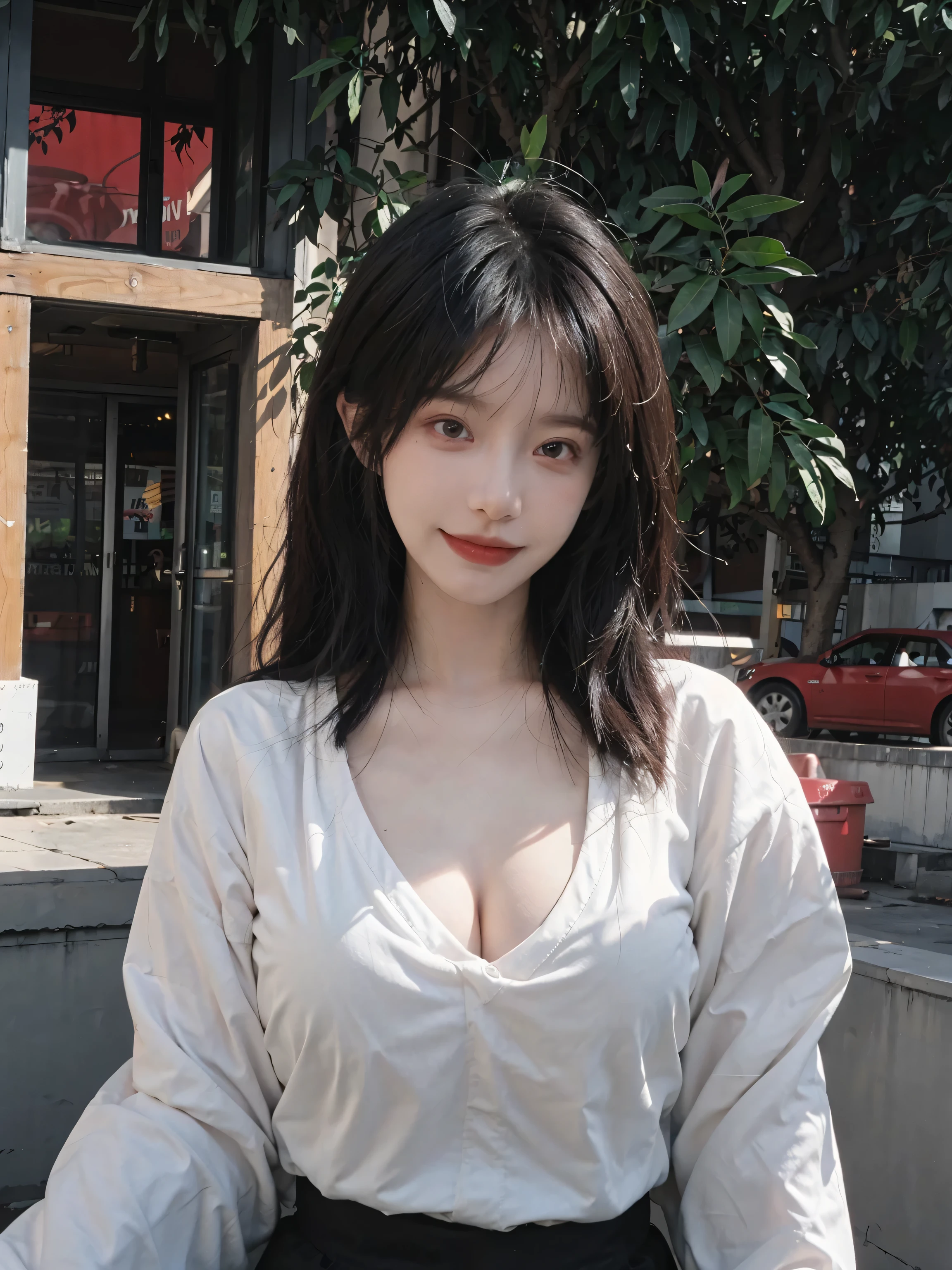((Top Quality, 8K, Masterpiece: 1.3)), Focus: 1.2, Perfect Body Beauty: 1.4, Buttocks: 1.2, (Layered Haircut: 1.2)), (Dark Street: 1.3), Highly Detailed Face and Skin Texture, Full Body, Delicate Eyes, Double Eyelids, Whitened Skin, Long Hair, (Round Face: 1.5), (Loose Crop Top, Shorts: 1.6), Sexy Pose, cleavage
