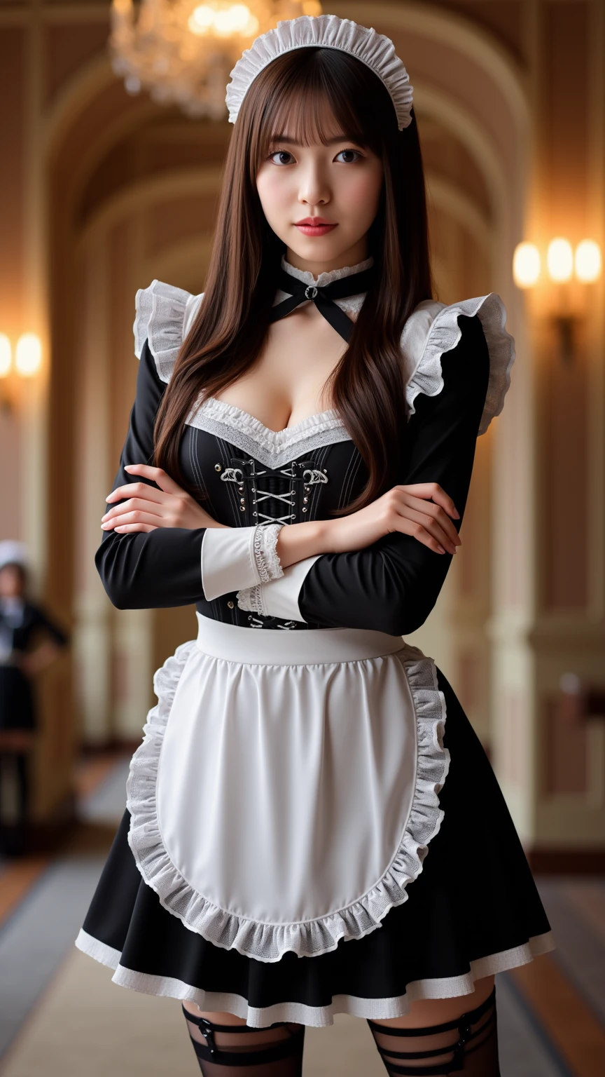 (((medium shot:1.5)))photo of a 30 years old 0d4ddysg1rls2 ,(facing side head turned Looking at viewer over shoulder,small waist, medium hips, (big natural breast:1.5) sideboob),(kneeling legs apart),(((A sophisticated wine cellar with oak barrels and dim lighting))), ,wide depth of field,( very long ((Butterscotch long hair):1.5) , (realistic:1.5), glossy lips, soft skin, elegant makeup,(smile), wearing a black and white <lora:rc89:0.75> rc,bow,maid apron,black tied ribbon choker,
