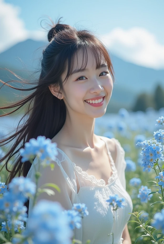 Highest quality, Chest Focus, Soft Light, Ultra-high resolution, (Realistic:1.4), RAW Photos, 1 Japan Girls, alone, cute, (Brown eyes, Light in your eyes), Beautiful face in every detail, (Small box),(High resolution detail of human skin texture), break, Japanese beauty、Small valley、smile、plateau、stroll、、light makeup、No sleeve、Lying down