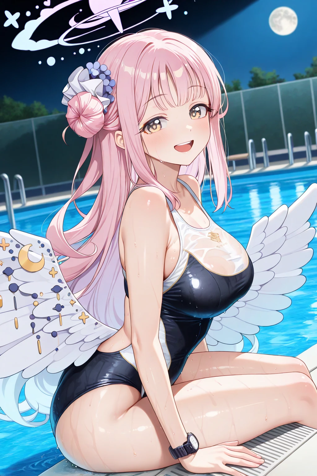 best quality, masterpiece, highres, solo, {mika_bluearchive:1.15}, pink_hair, halo, bangs, yellow_eyes, long_hair, hair_ornament, hair_bun, single_side_bun, hair_flower, flower, scrunchie, wings, blush, smile, breasts, white_wings, bow, angel_wings, feathered_wings, blue_bow, wrist_scrunchie, low_wings, very_long_hair, 1girl, collarbone, looking_at_viewer, wet, swimsuit, cleavage, one-piece_swimsuit, sidelocks, bare_shoulders, competition_swimsuit, large_breasts, wet_swimsuit, pool, covered_navel, hair_scrunchie, ponytail, water, black_one-piece_swimsuit, :d, open_mouth, parted_lips, wet_clothes, black_scrunchie, outdoors