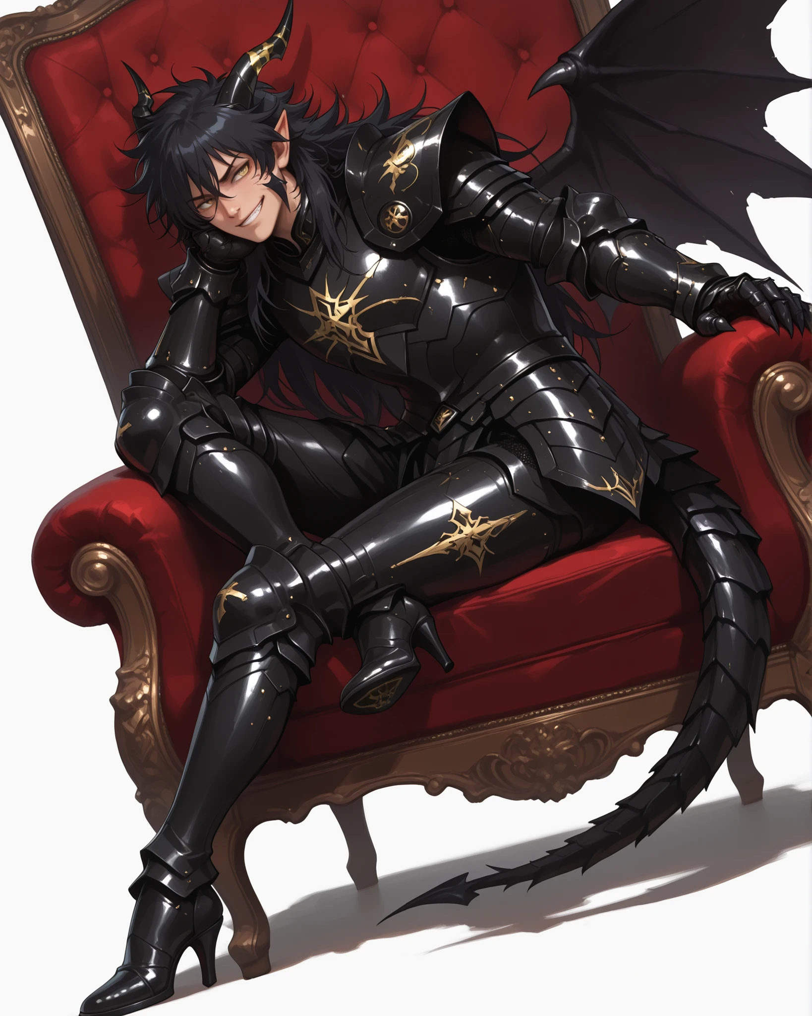 score_9, score_8_up, score_7_up, absurdres, ((128K Ultra High Resolution)), (masterpiece, best quality: 1. 5), (high definition: 1, 4), highres, 8K wallpaper, (excellent graphics: 1. 5), CG, (((Japanese Anime style))), (Black Saint Seiya), (1 male), solo, lean body, (masculine), weredragon, glossy black, shiny black leather, ((beautiful golden eyes, finely detailed eyes, bright eyes, slit pupils)), hair between eyes, black hair, long hair, sideburns, wild hair, (sly grin, sinister grin, smirk), teeth, confident, ((ultra detailed face)), shiny skin, long pointy ears, twisted torso, long-legged, sculpted face, wasp waist, dragon horn, dragon tail, dragon wings, dragon sharp claws, (black armor with a lot of grandiose decorations: 1. 5), half dragon half human, (sit cross-legged, closed legs, luxury carved antique red velvet chair, Victorian chair: 1. 5), (dramatic angle, dynamic pose: 1. 5), (ultra detailed black armor, well-polished black armor: 1. 5), (gold-adorned armor: 1. 5), all black outfit, full body, emphasize face, sharp focus, good-looking man, (best illustration, highly detailed artwork: 1. 5), cinematic, (dramatic lighting), (intricate detail, extreme detailed, super detailed: 1. 5), (stark contrast, heavy shadows: 1. 3), detailed black decorations, beautiful & aesthetic, photoreal, (from side), (mysteriously crafted black metal armor: 1. 5), thick & luxuriant hair, (ultra detailed fantasy black armor, wonderful black armor: 1. 5), (realistic metal texture), broad shoulder, true-to-life visuals, artistically refined, (extremely delicate & beautiful armor, elaborate armor details: 1. 5), (giant black armor, dark armor, stylized armor: 1, 5), (((armor-type high heels))), (extremely detailed armor with intricate engravings, intricate armor with gold ornaments: 1. 5), (very gorgeous and dazzling), (dark fantasy black knight: 1. 5), slim waistlines, wide chested, sinewy body, (Hyper Detailed & Perfectly Designed Black Armor: 1. 5), ((simple white background))