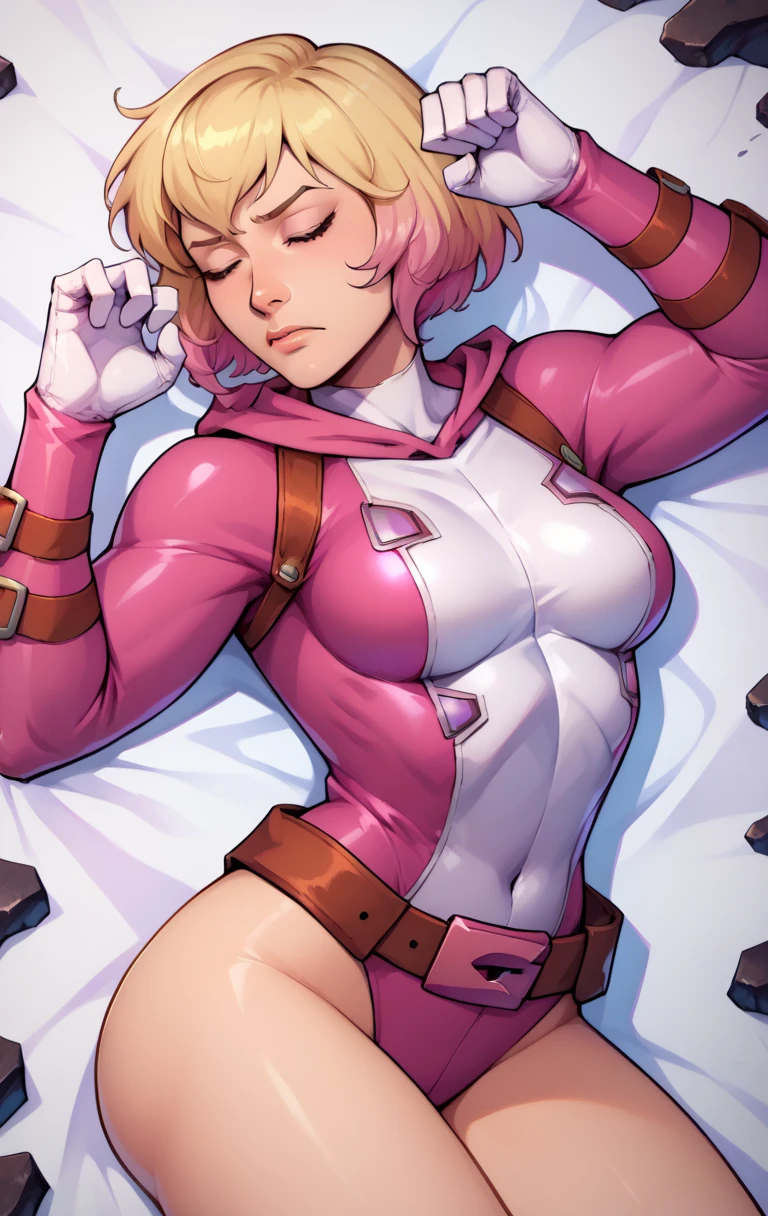 A redhead, bob-cut, muscular, big-breasted MILF wearing a pink tube top, white leggings, white boots, white gloves, and a cat ear headband