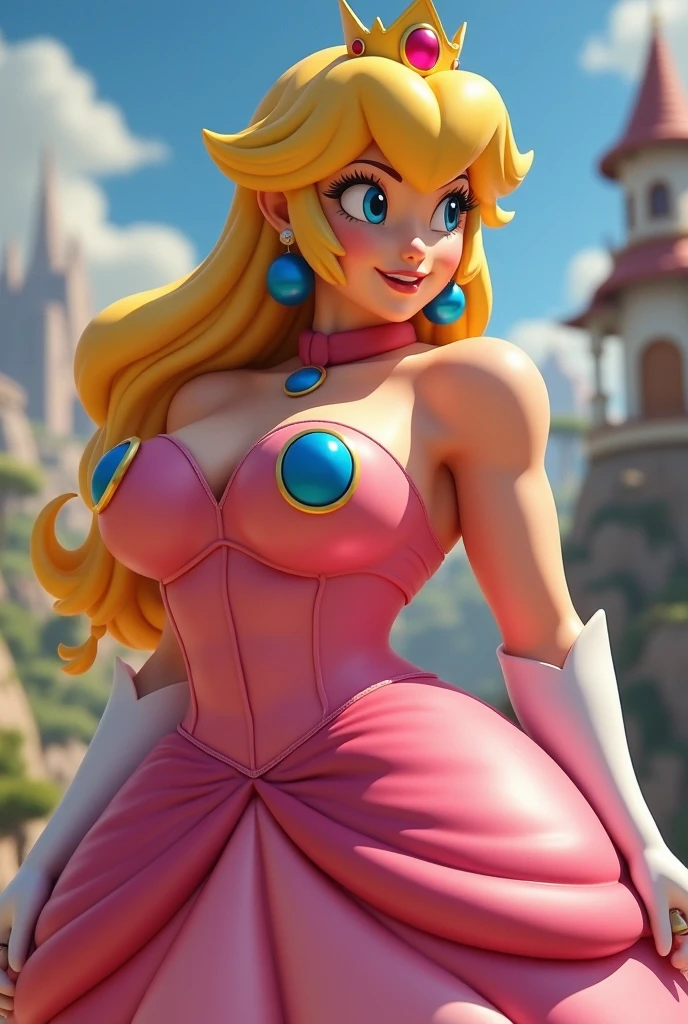 highres, masterpiece, perfect ligthing, bloom, cinematic lighting, adult, perfect skin, female, from side, cowboy shot, smile, narrow waist, skinny, (PrincessPeach), (Princess Peach), ( mini Pink Dress), detailled eyes, blue eyes, choker, sensual, mushrooms,mushroom kingdom, pink lips, ((glossy lips)), pursed lips, pink pumps, glossy skin, oily skin, beautiful light, (day:1.3), bright,malicious smile, sexy behavior, panties showing with skirt raised because of the wind