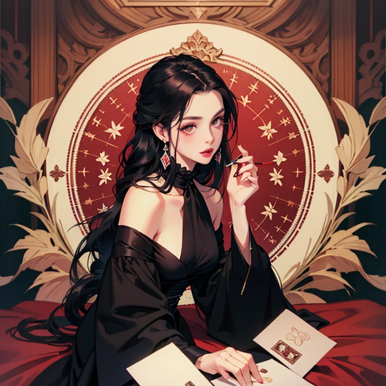 An African (((woman))) of mixed heritage, with (((perfectly captivating eyes))), (((vibrant red lips))), and a (((flawless face))), is comfortably seated on a luxurious couch, immersed in reading a book. She has ((long, straight hair)), and is dressed in a stylish catsuit, playfully holding a gift. Her teasing smile and her gaze directed at a treasure box ((create an intriguing atmosphere)) in the piece. (((Intrigue, beauty, heritage, reading, luxury, playful, atmosphere)))