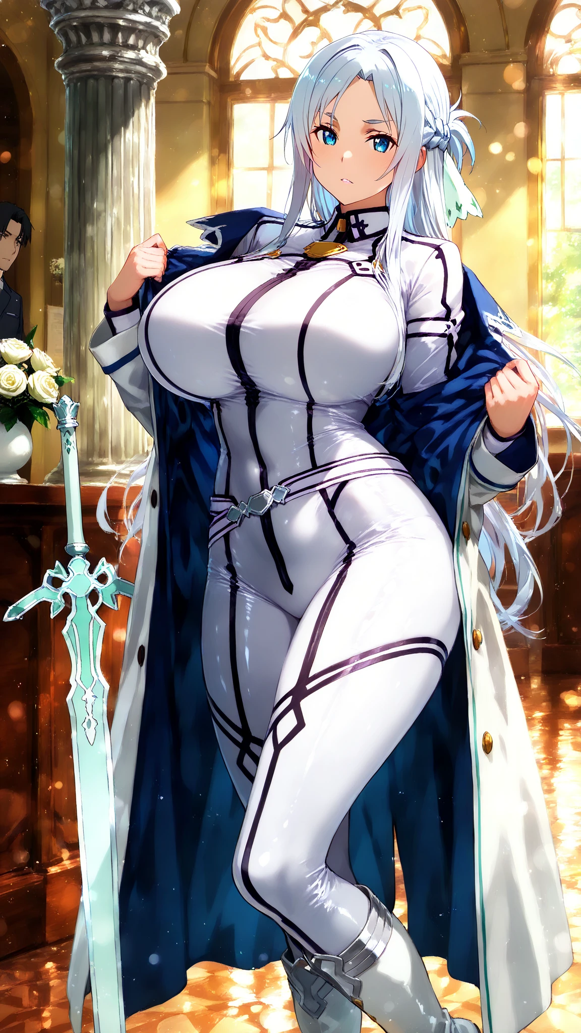 Satsuki Kiryuin, Satsuki Kiryuin from Kill-la-Kill, big breasts, voluminous breasts, curvy breasts, mesh stockings, standing with a katana, full height, bottom view, best quality, very detailed, ultra 8k resolution,huge breast, coat , vest, long skirt, portrait, full body, victorias clothing, long dress, knight, pants, black skinn suit, medieval city, plants, vest,polo shirt, forest, long skirt