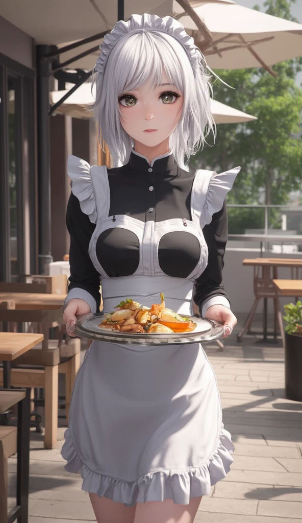 ((masterpiece, best quality, highres, UHD, perfect pixel, depth of field, 8k, RTX, HDR)), BREAK, 1girl, single, solo, beautiful anime girl, beautiful artstyle, anime character, ((short hair, grey hair)), (purple:1.4, rounded eyes, beautiful eyelashes, realistic eyes),big breast, without clothes wearing only a white apron, covered in sweat, blushing, with a smile, BREAK, holding a bitten bread in the hand, sexy pose in a pastry shop with shelves with a lot of bread.