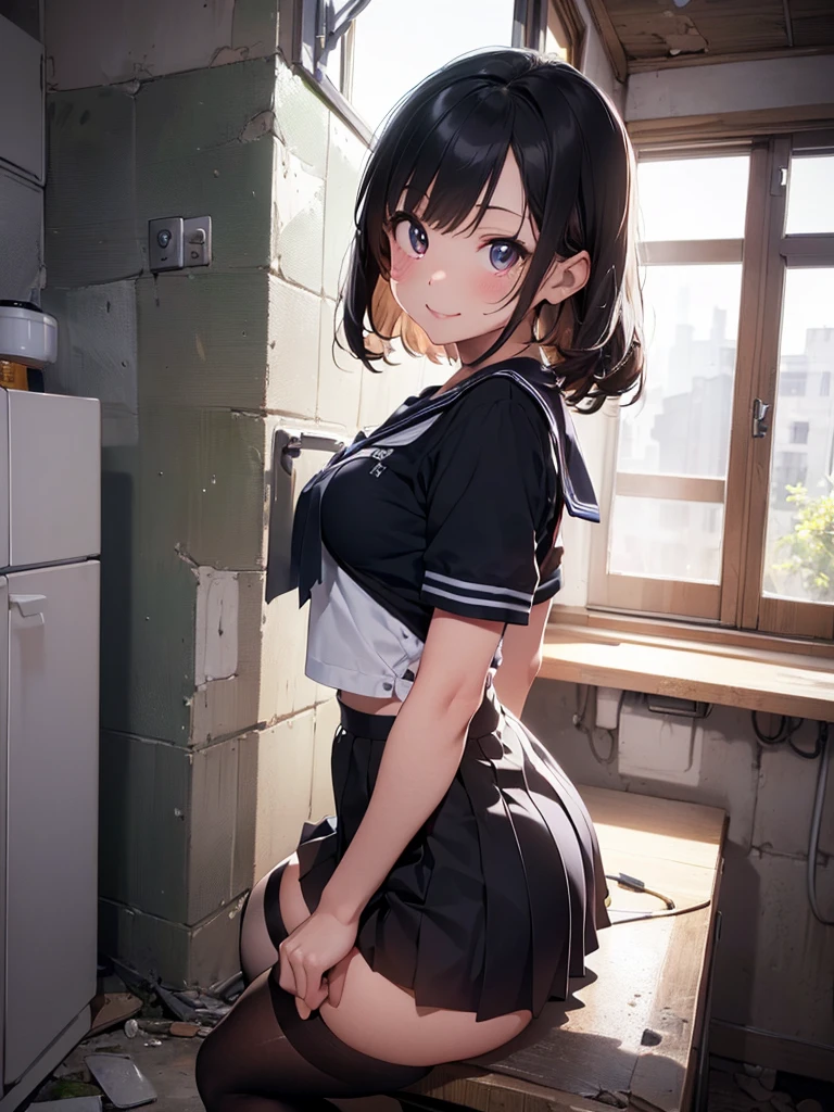 (((masterpiece, Highest quality, High resolution, 超High resolution, Pixel perfect, Written boundary depth, 4K, RTTX10.0))), Beautiful Anime Woman, Beautiful art style, Anime characters, ((Smooth texture, Realistic texture, Anime CG style)), Exact finger count、Exact number of legs、(Exact number of arms:1.0, Exact number of hands:1.0), (Perfect hands, Perfect Anatomy), Cinematic, Realistic, Highly detailed CG, Daytime lighting, Perfect lighting, Best Shadow, The best natural light, whole body, Perfectly balanced style, Perfectly balanced body, Slender body, whole body, ((bangs, Dark brown hair, Stylish and cute bob cut)), ((Cute woman standing、She is showing her panties in her hands:1.5)), (Fashionable white shirt, Sailor collar, Knee-high socks, loafers, Navy pleated mini skirt:1.3), ((Sexy and cute panties, (Stylish shiny satin blue panties:1.2), Small lace panties:1):1.3), (Beautiful and very large breasts:1.1), (Feeling embarrassed, (blush:1.2), (Embarrassed expression:1.5), (In the school classroom:1.5), Angle from the front, holding panties, Panties as a gift