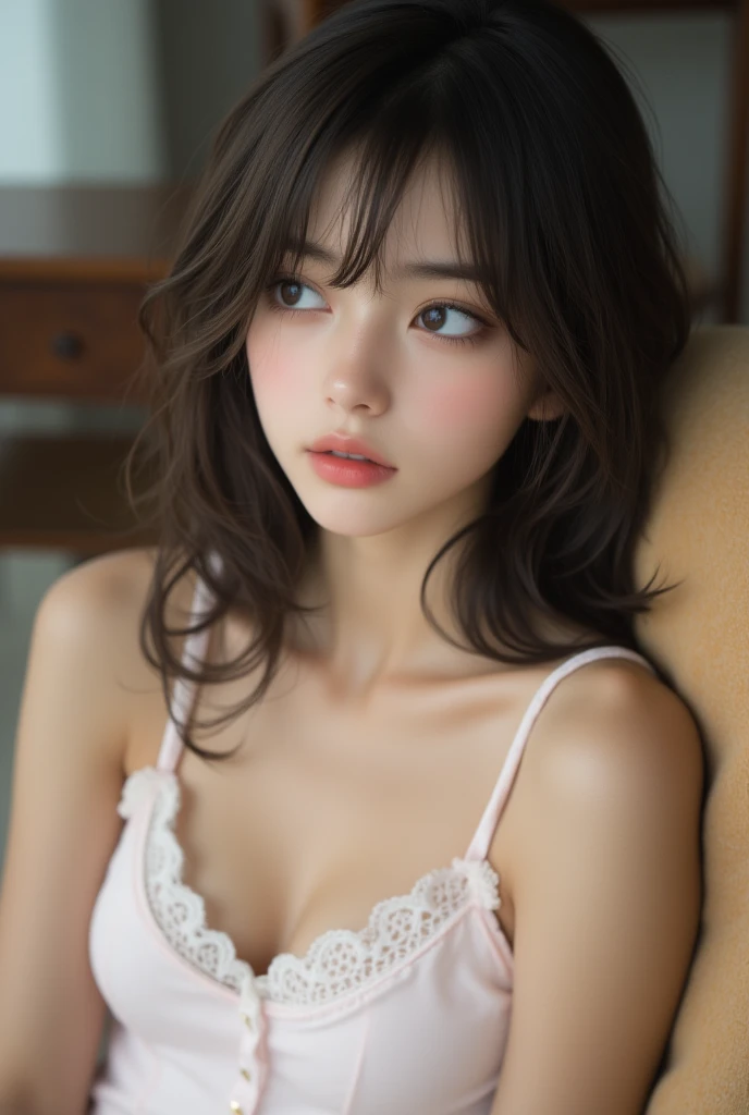(A hyper-realistic), (hight resolution), (8K), (ighly detailed), (beatiful detailed eyes), (top-quality), (ultra-detailliert), (masterpiece), (wall-paper), (详细的脸), wearing a shirts,I can see the cleavage, japanes, 20yr old、small tit,a bed、Sensual look、hposing Gravure Idol、Dynamic composition
