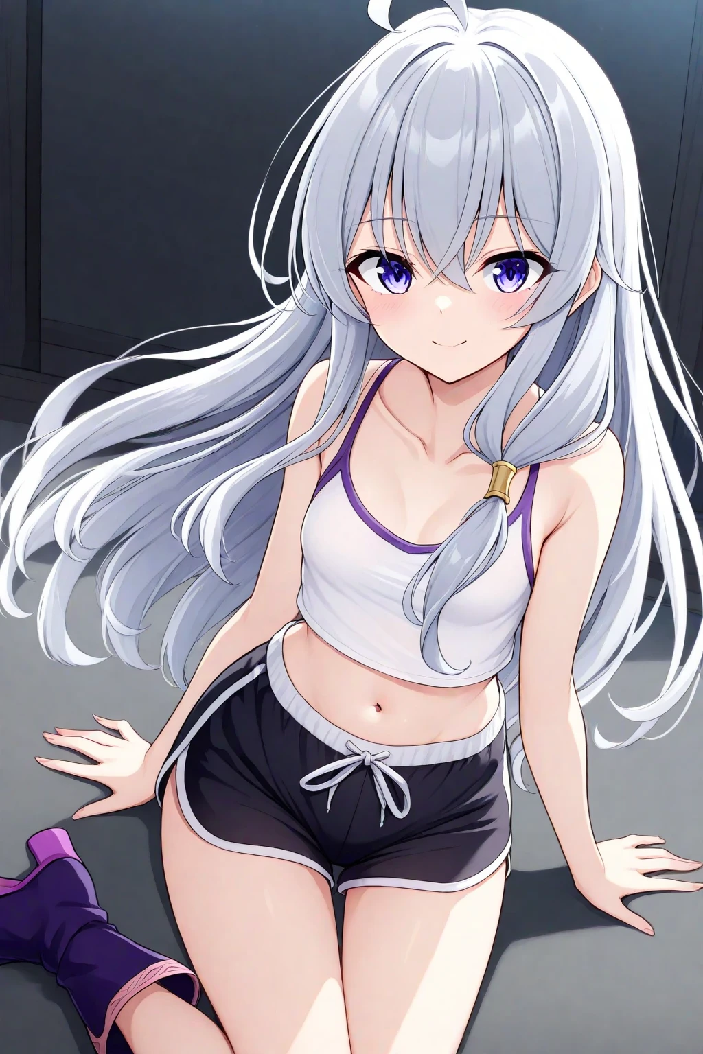 biwa hayahide \(umamusume\) in sexy mini shorts and sports bra, under rim glasses, crouched deadlifting with a bar with her back facing a gym mirror, sweating, High Resulution, UHD, detailed image.