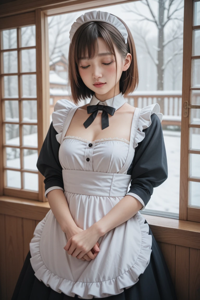 masterpiece, Highest quality, High resolution, 18+ Adult content, Sensual, Intimate, Emotional, Passionate, romantic, sweet, Adorable, Innocent, Pure, Fascinating, Fascinating, attractive, Mysterious, Fascinating, Fascinating, Immersive, Fascinating, dream-like, Surreal, Imaginative, Whimsical, artistic, Avant-garde, timeless, elegant, Sophisticated, chic, Sophisticated, Individuality, original, Fascinating,((Maid clothes:1.3))、Raise your arms to show your sides