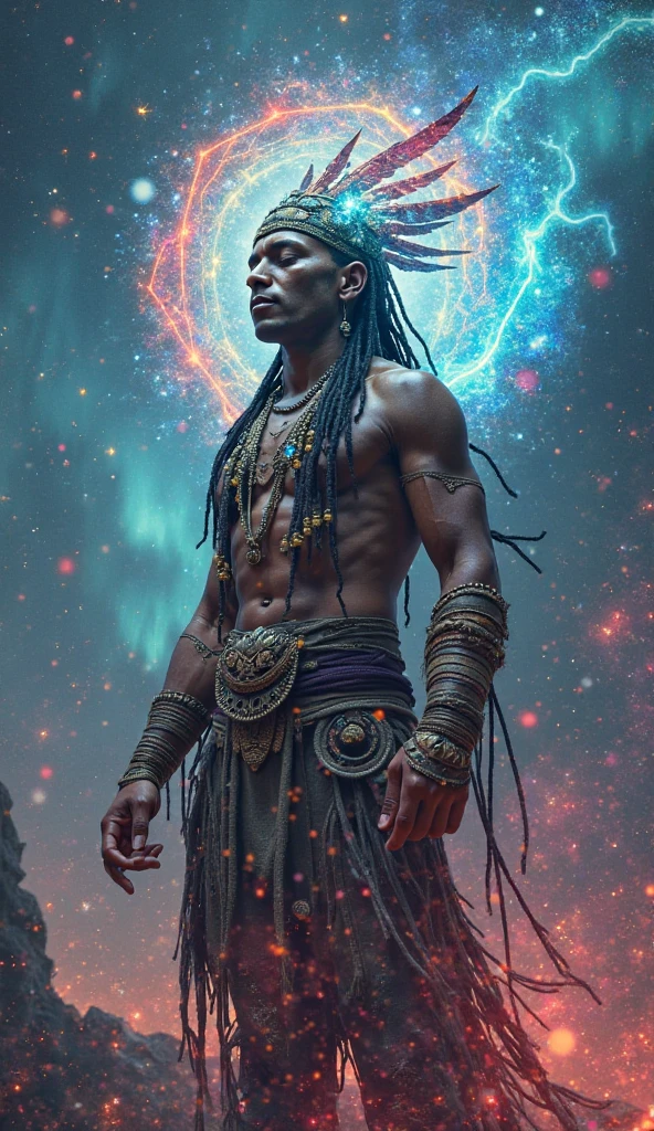 A detailed and vibrant digital painting of Lord Shiva, with glowing neon tribal markings on his face and body, in a serene and mystical blue-toned background, intricate bead necklaces, closed eyes, meditative expression, high contrast lighting, highly detailed, cinematic style.