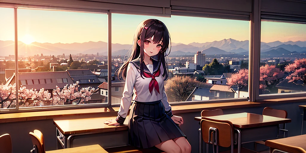 Japanese high school girl, wearing t-shirt and skirt, studying in her room during summer vacation, cityscape and white clouds visible through wooden window bars, textbook and coffee cup on wooden desk, left hand on cheekbones, right hand resting on notebook