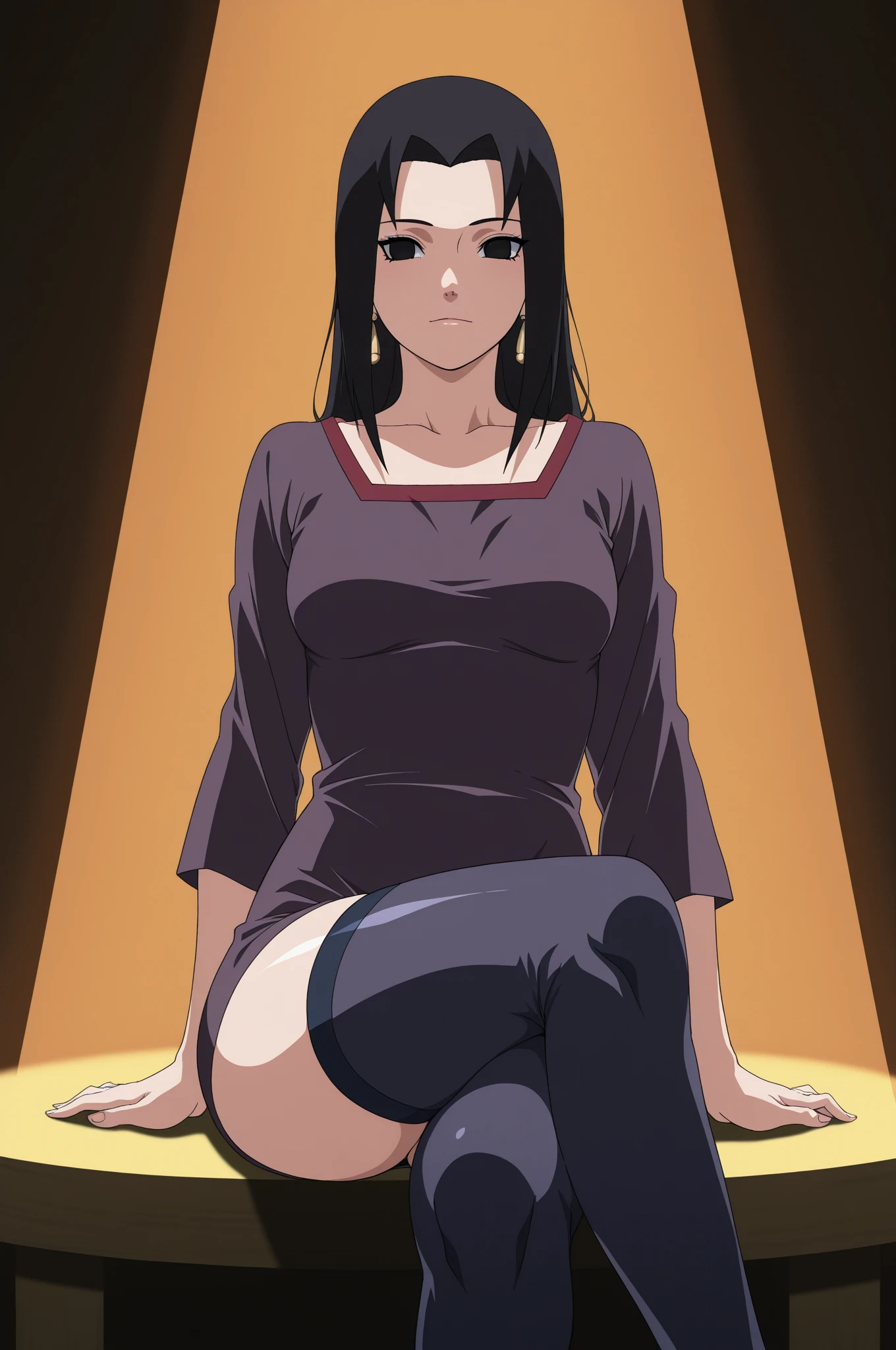 Akame (akame ga kill) anime art style, master piece, best quality,1girl,very long black hair, perfect face, expressive eyes, red eyes ,medium breasts ((nudes)), looking at me,sexy pose ,full body, background hotel room