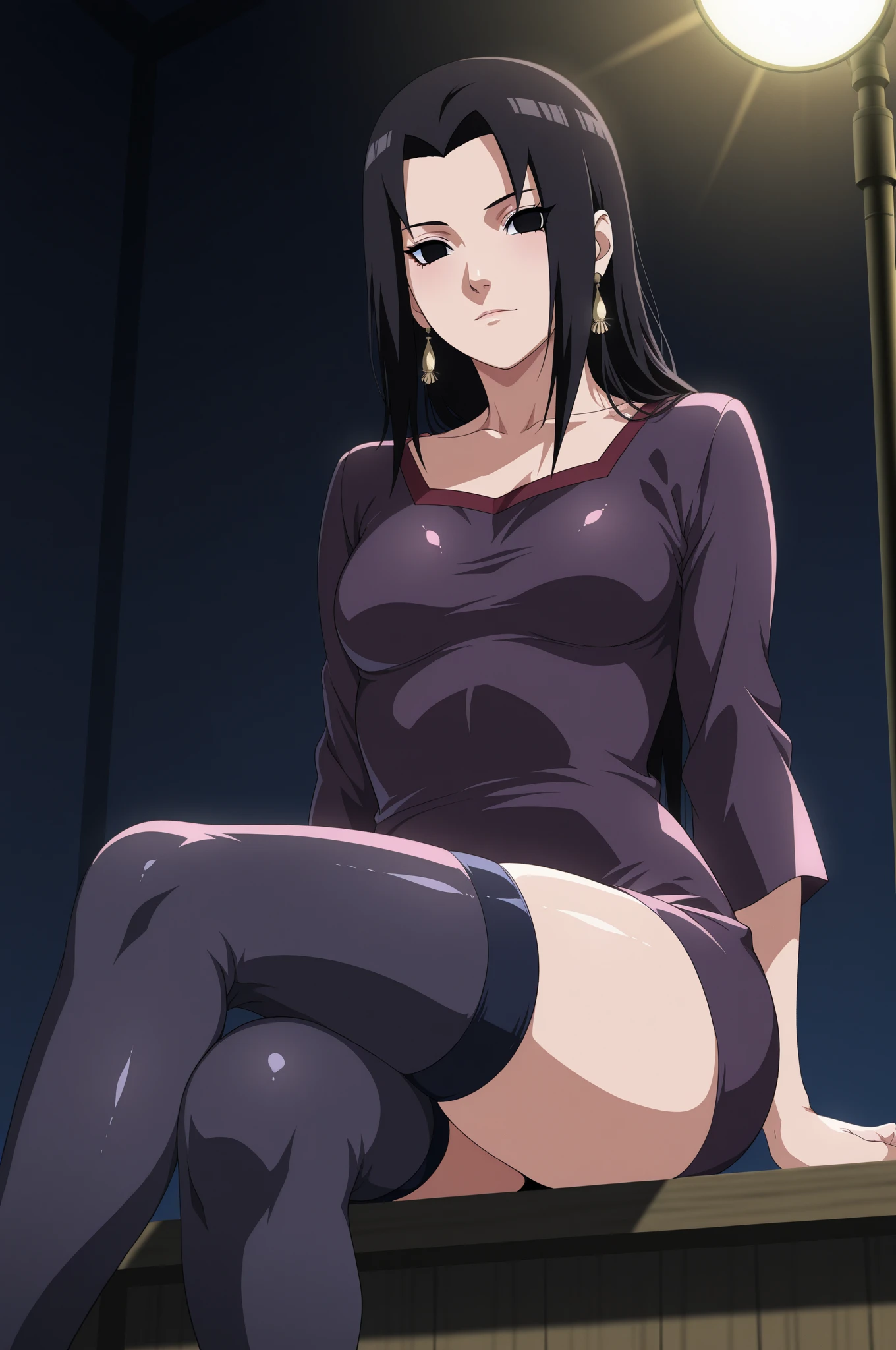masterpiece,high quality,solo, MakiZenin,1girl,looking at viewer, on bed, ((thigh sex)), purple shirt, pantyhose, ponytail