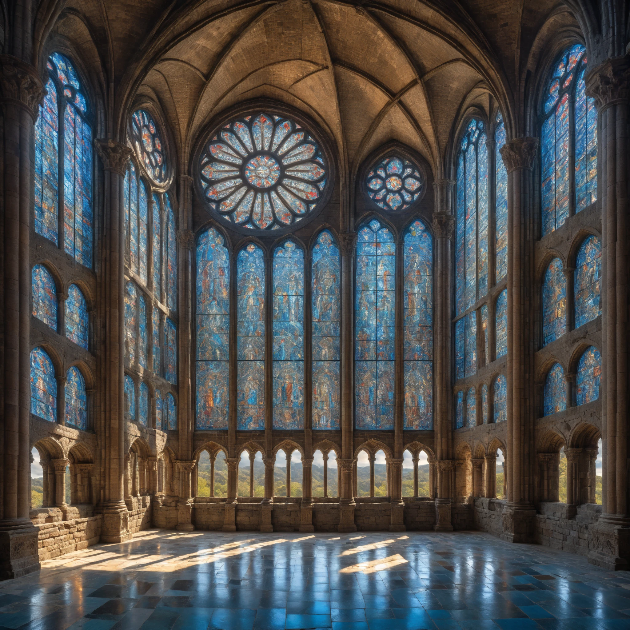 <hypernet:GothicArchitecture:1> Gothic cathedral-inspired living room with stained glass windows, a grand chandelier, and stonework details