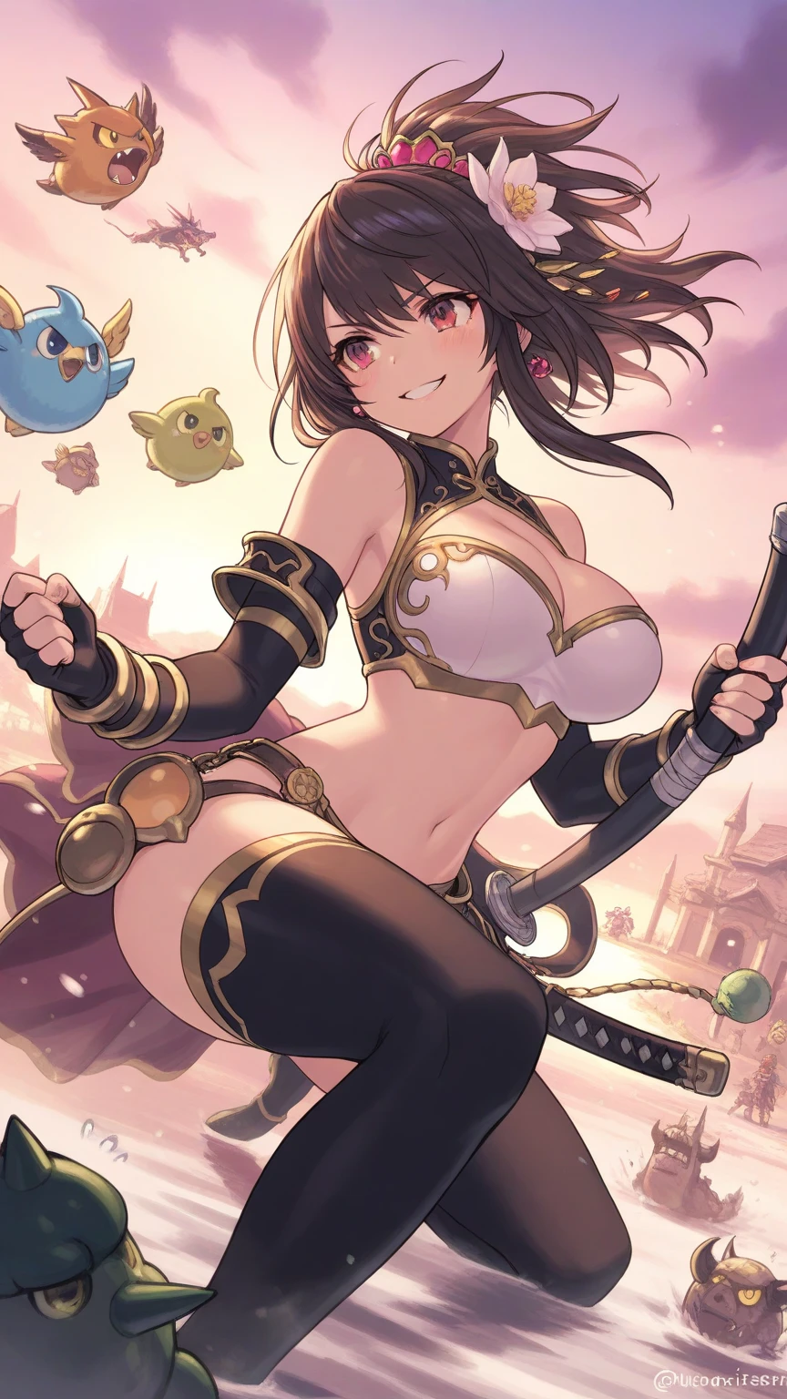 (best quality), (Super detailed), (Best Illustration), (woman), look at viewer, {(wizard robe:1.2), (underboob:1.2), (cleavage:1.2), (large breasts), navel}, {(detailed eyes), (heart-shaped pupils), blue eyes}, {brown hair, (sideburns), (bob cut:1.3), curly hair, hairs between eyes, colored inner hair}, blush, earring, hair band, fantasy landscape,