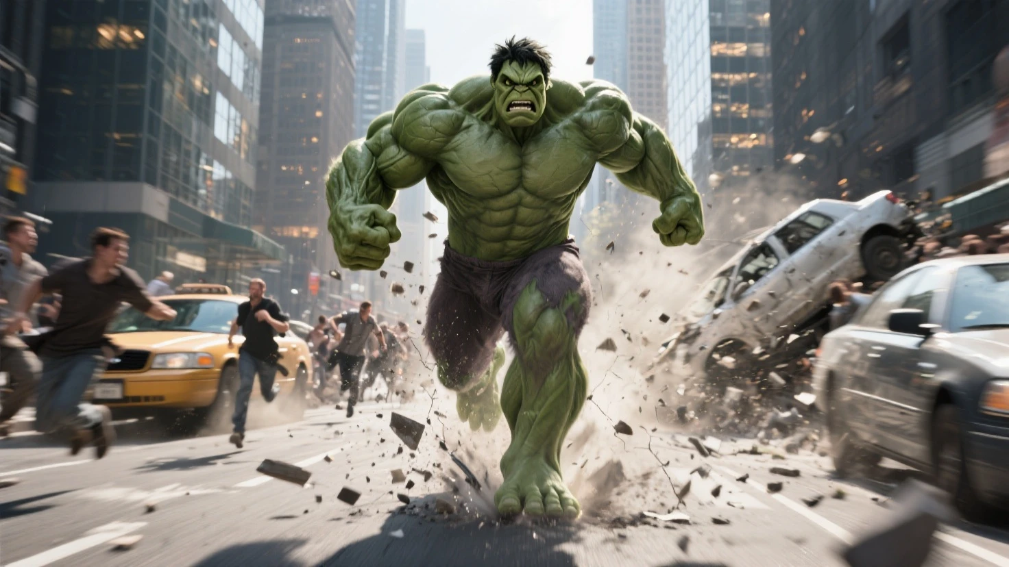(best qualityer,4K,8K,high resolution,work of art:1.2),ultra detali,(realisitic,photorealisitic,photo-realisitic:1.37),the hulk,quadrinhos da marvel,strong and muscular body,torn garments,greenskin,angry expression,clenched fists,Massive appearance,destructive power,marvel superhero,Downtown Manhattan,New York City,skyscrapers in the background,dark and intense atmosphere,dramatic lighting,comic book art,explosive action,dynamic poses,swirly vibrant colors,broken debris,fúria e poder emanados do the hulk,emotionally charged intensity,action-packed scene,epic showdown,sensational illustration.