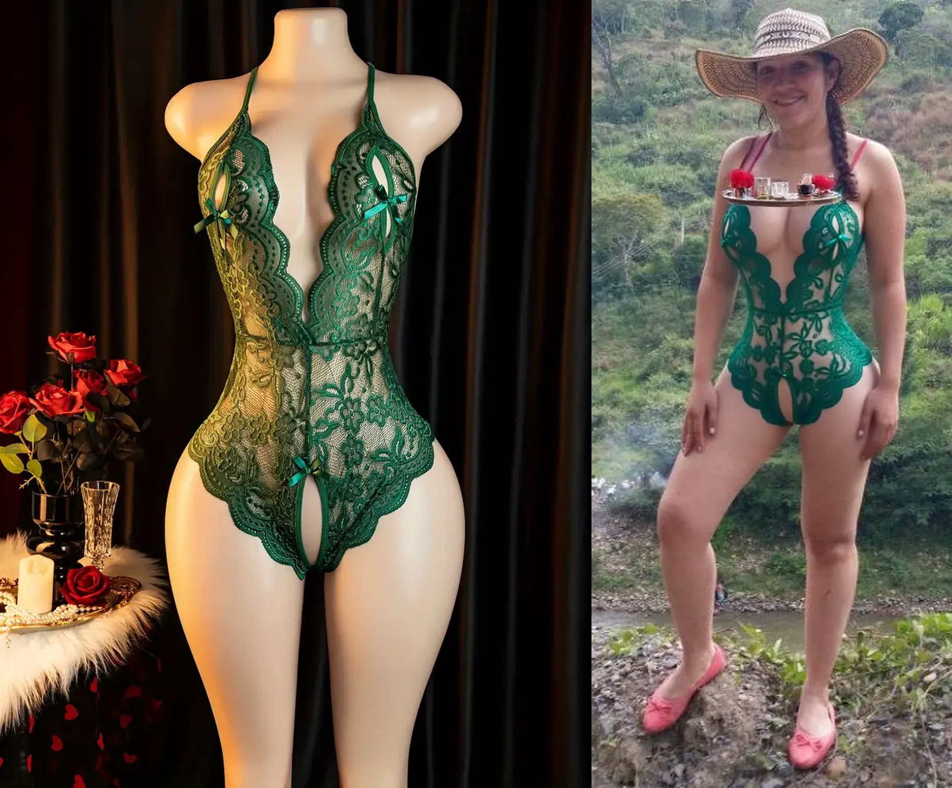 1 mature woman in, age50, Solo, casual hair, curvy body, Looking at Viewer, grayhair, Bare shoulders, Brown eyes, jewely, Full body, a necklace, off shoulders, (wearing elegant patterned green heart Lacy Bikini tie tube), Distant photo, Realistic, A sexy one, beautiful colour, Perfect skin, 3 bust size, instagram (Realistic, A high resolution),photo size 3:4, 1 cute sexy mature woman, large expressive blue eyes, happy, (8K, raw photo, Best quality, High detail, curvaceous forms, curvy body, seductive pose, in the studio Foto with three ports lighting, with black wall background. Her back is turned to the photographer.