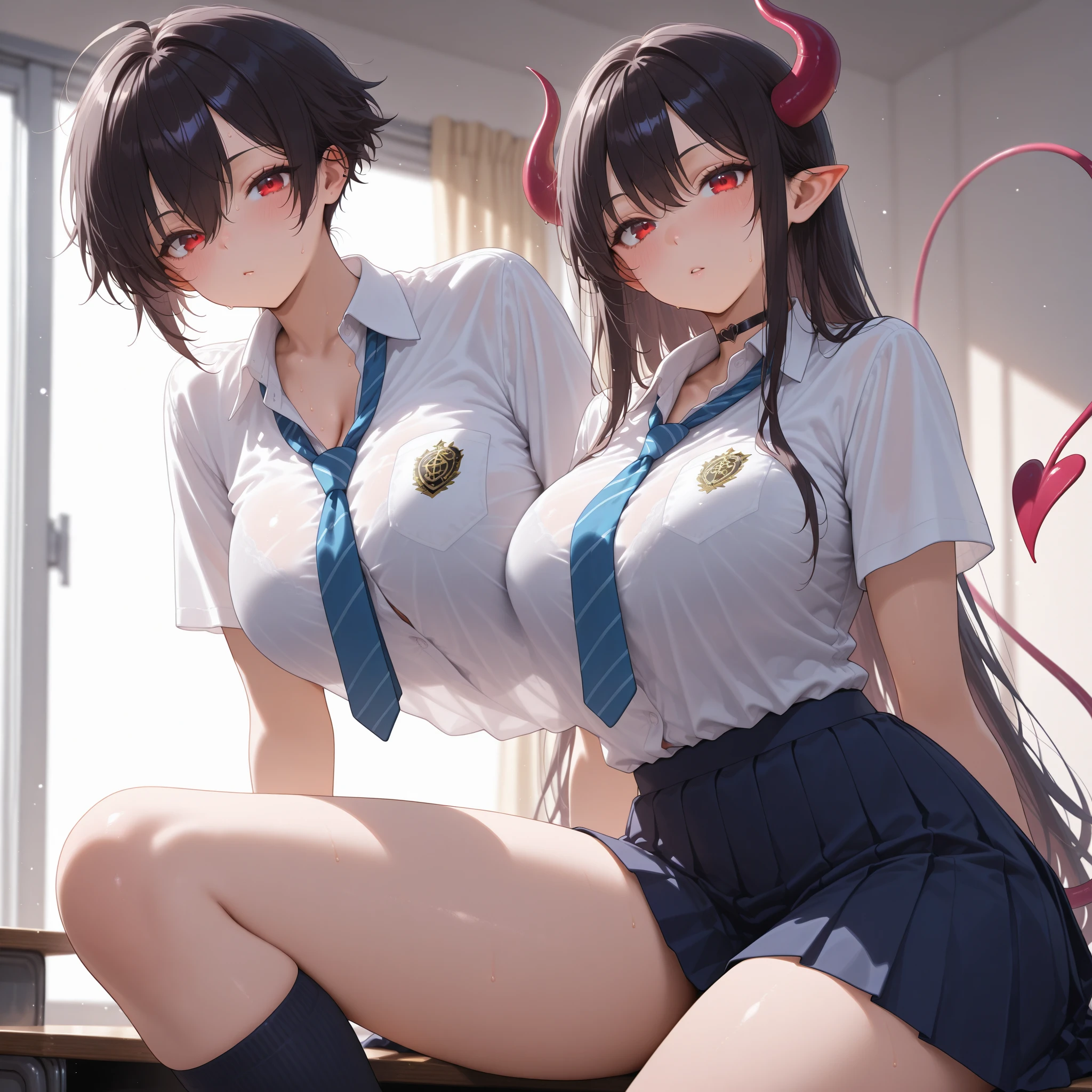 Details、ultra-detailliert、masterpiece、top-quality、Beautiful fece、A detailed eye、 (3 women:1.4)、Three Succubus、(triplets:1.2)、(Night time)、、(bow ribbon:1.1)、(Two-side-up)neck tie、bra very、耳环、()、Shady face、(dark backgrounds)、malicious smile、Bruises and ugly facial features、Young features、(、long-sleeve、(fluffy sleeves fluffy hair、(Open your mouth and laugh)、、l、Chiquita、Colossal tits、Colossal tits、(Put your hand on your face)、、Ruffled uniforms、hair clips、(Ridicule:1.1)、looking-down、upward looking gaze、respected by women、(upward looking gaze:1.2)、超Colossal tits、(hearts symbol:1.5)、(Mass of heart:1.5)、(Heart Effect:1.5)、(heart mark:1.5)、demon tail、Devil's Tail、Succubus、(超Colossal tits:1.3)、Colossal tits、(Tattoo of the heart:1.3)、Yodare、Devil's Tail、Boob Matching ,Girl Sandwich face sandwich(confused and blushing、teens girl、kawaii faces、kiss marks) hug sandwich face sandwich harems、 boob chalk