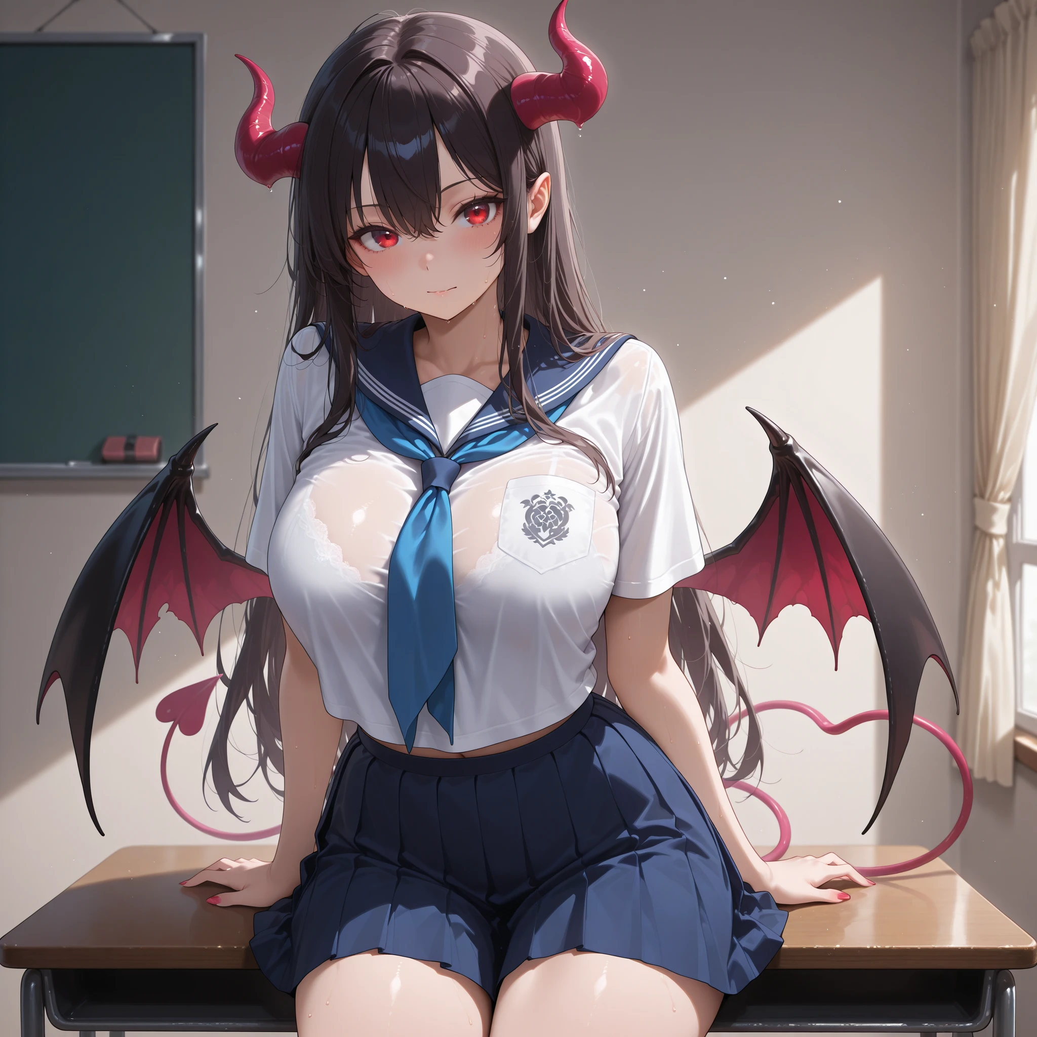 Latex succubus outfit, giving blowjob, enjoying , red eyes, in classroom, mind control