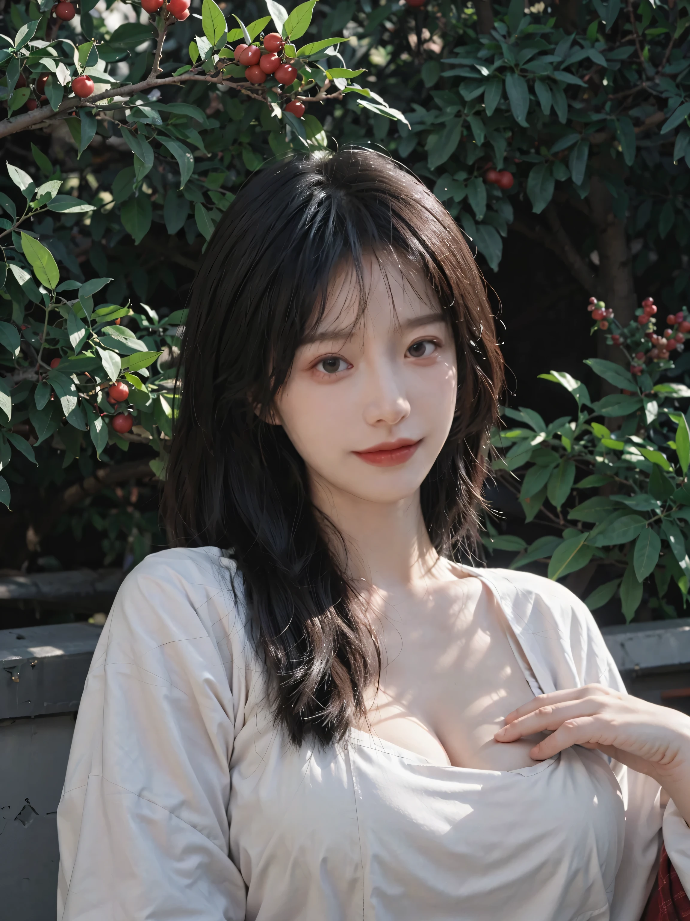 best qualtiy, Ultra-high resolution, (realisticlying:1.4),cute hairpin,Baoyu Girl,European style apartment,(flatchest:1.2) ,A pair of clear and moving peach blossom eyes,Royal Sister,sunshine on face,Big waves,(ln the forest:1.4),(choker necklace:1.2),(Fair skin:1.4),a sense of atmosphere,a beauty girl, ssmile,head straight-looking at viewer, closeup cleavage ,(Photorealistic:1.4),1girll,sexly,(Upper body:1.4),(Wet body),(:1.2)