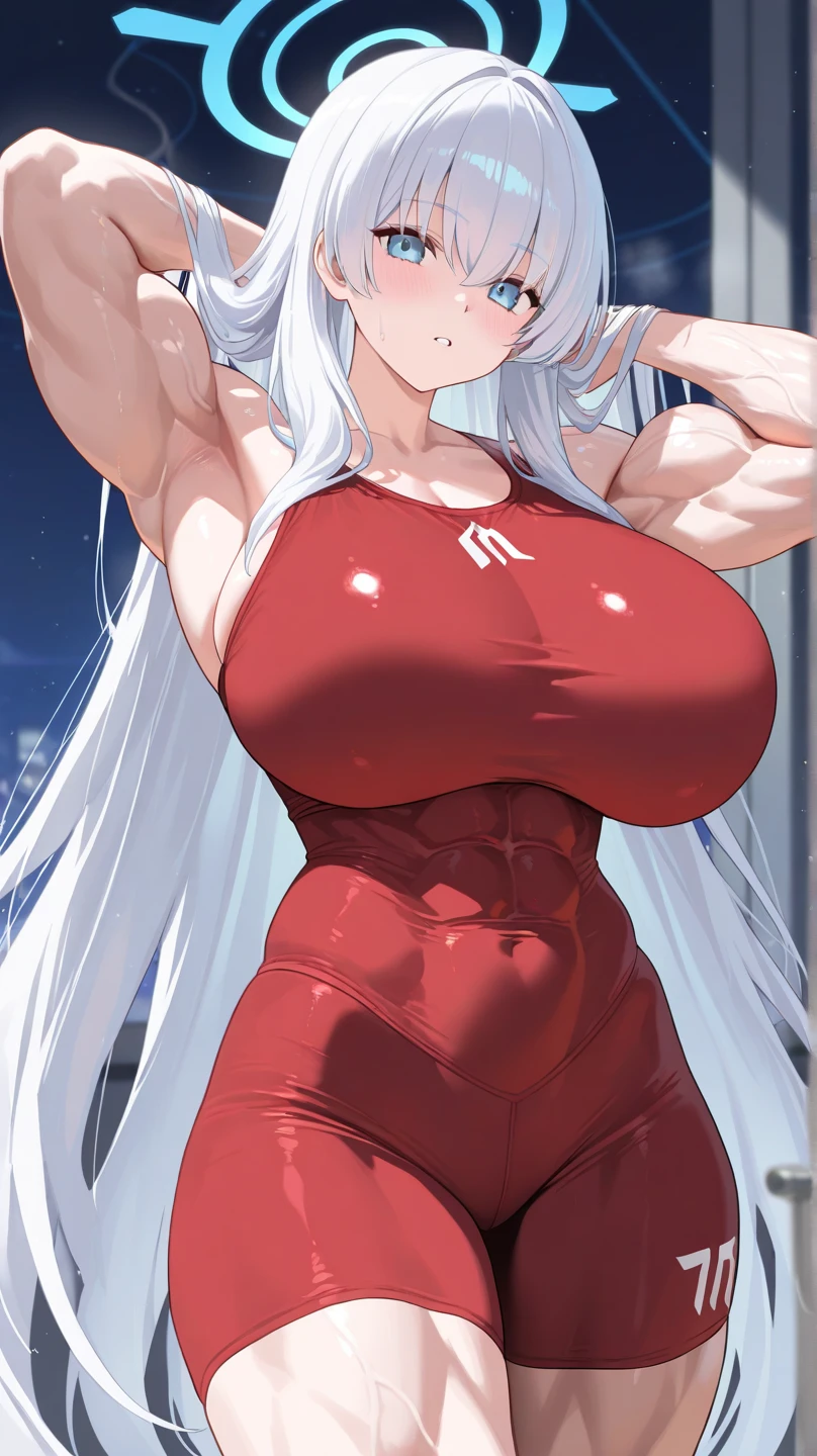 anime loli, fluffy hair, bandage on nose, strugelling to put on swimsuit as her gigantic breast are to big for her childlike body