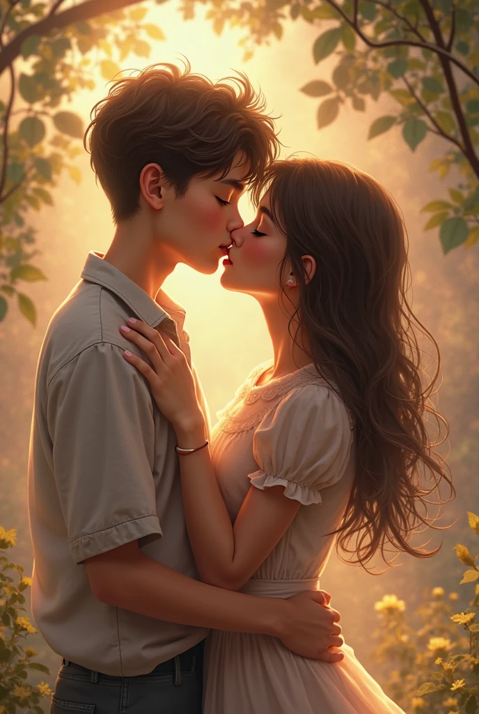 A couple hugging each other from behind , the one with black curly hair, the one with straight hair