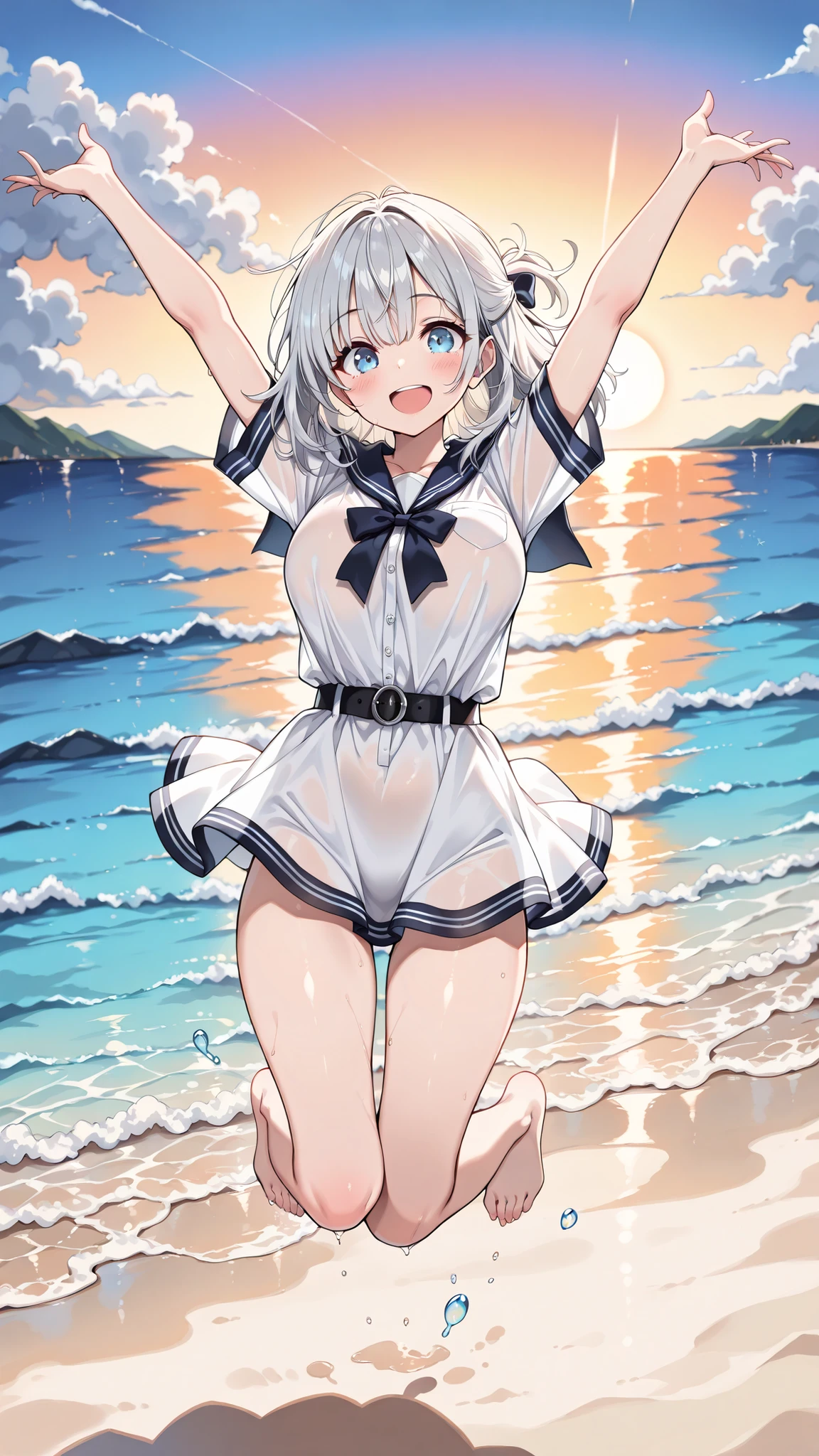 High resolution、Girl、Silver Hair、short hair、Fox Ears、blue eyes、Slender、Small breasts、Ocean,Sailor suit,Swimwear、On board,summer,7moon,Sweat,blue sky