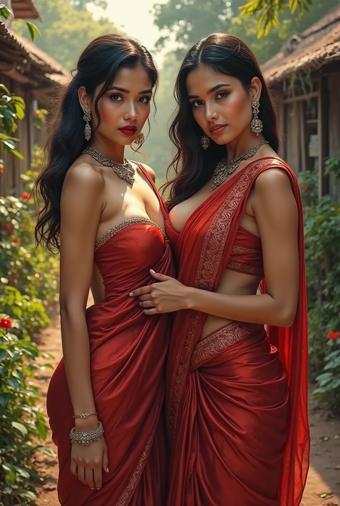 2 Woman wearing red lehenga, sitting on lap of woman wearing harem saree, making out, aggressively