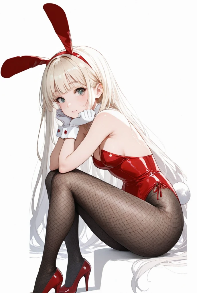 korean beautifull girl，18 years old,Pretty Face，Good shape，detailed picture, Seductive expression， blush，White long hair, Wear a bunny girl outfit，Wear black pantyhose，high-heel boots, Wearing black boxing gloves，Black sleeves on arms, Leaning on the ropes of the boxing ring，Arms on the side rope，Large Breasts,Cleavage,Long legs，Thin waist，nipple，Camel toe，M leg