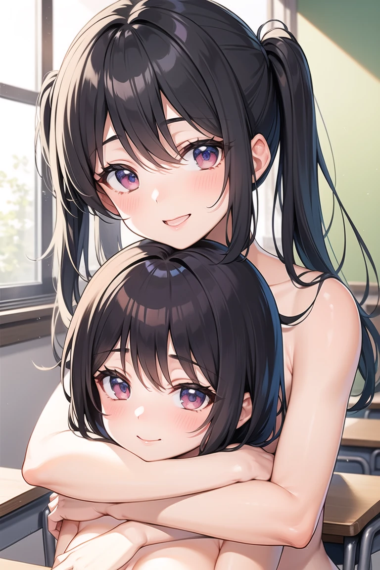  2 little girls, Shy, Beautiful face, smiling, nude, short black hair, Flat chested girl , in the kitchen, Shy, excited face, kisses, hugging