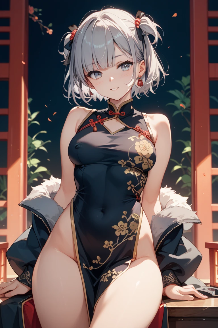 ,Highest quality,Silver Hair,Brown skin,Dark Skin,Sunburn,Purple Eyes,Paint on the face,Short Hair,Braiding,Half Up,Beautiful breasts,China dress,Starry Sky,Toned body,slender,