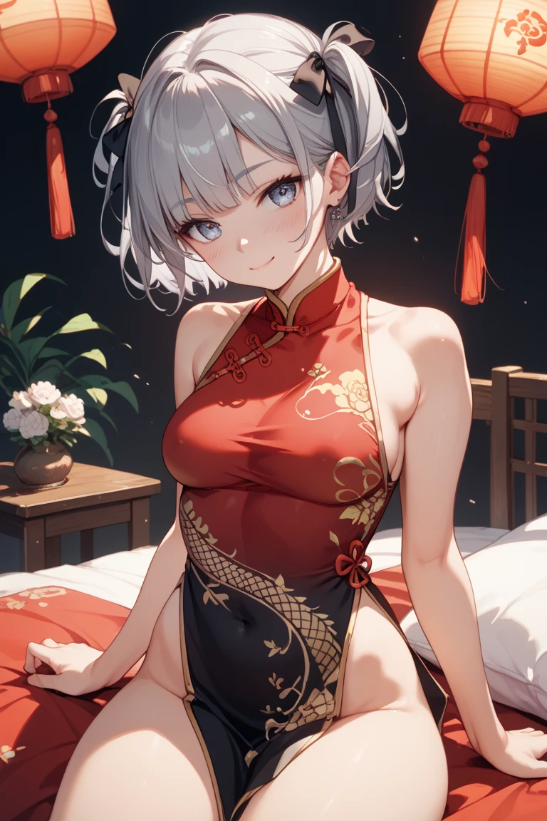 young girl 15 years old, short silver bob hair, hair flower, sharp bangs between the eyes, yellow eyes, eyes large, dominant look, cold stare, somewhat angry expression. traditional chinese imperial clothes black with gold details, red skirt, black thigh high socks. slenderbody. On your knees on the bed, kneeling. front point of view, far view. in a Japanese room, at night, with full moon in the background, light reflecting on the sexy and sweaty body. (((sweat)))