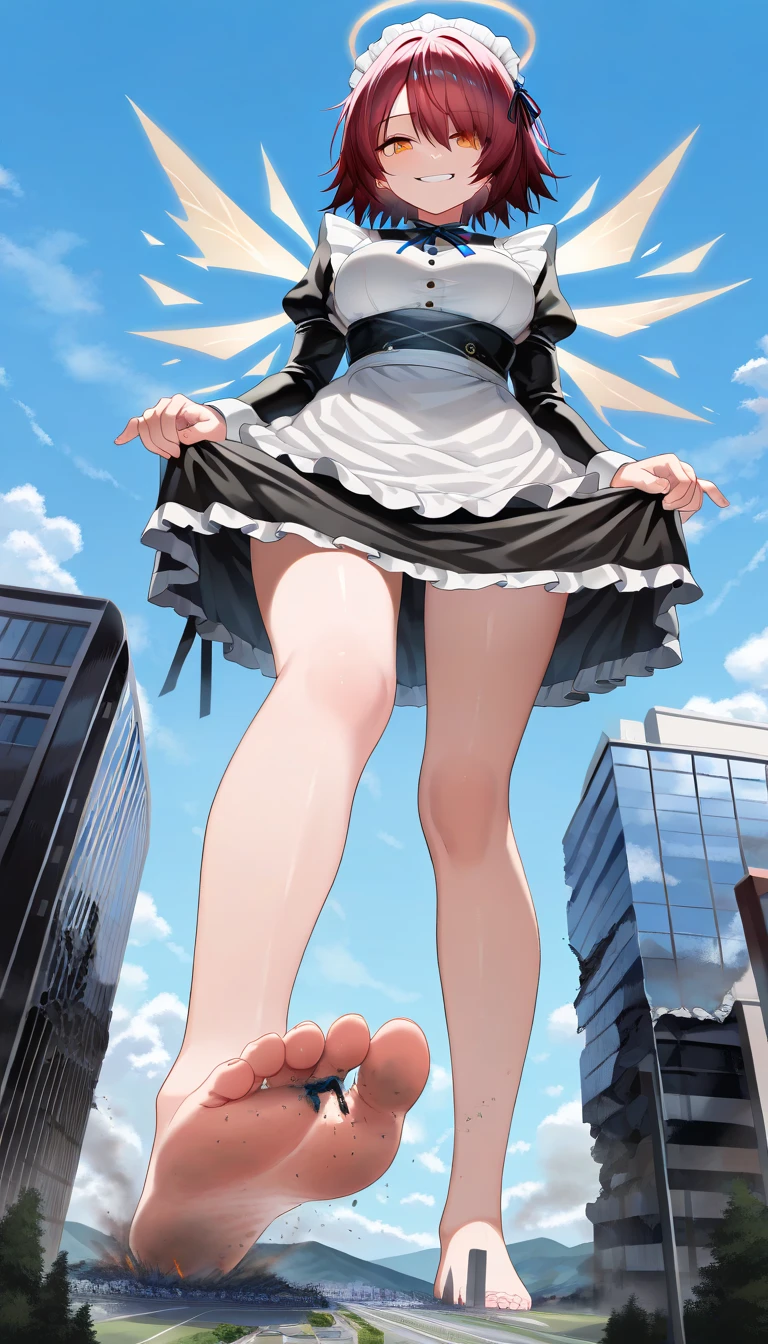 Girl flying over the city, giantess art, A giantess, highly detailed giantess shot, Girl wearing white lingerie panties, extremely detailed giantess shot, a macro giantess, Bottom shooting, bare legs and bare feet, low field of view，facing at the camera