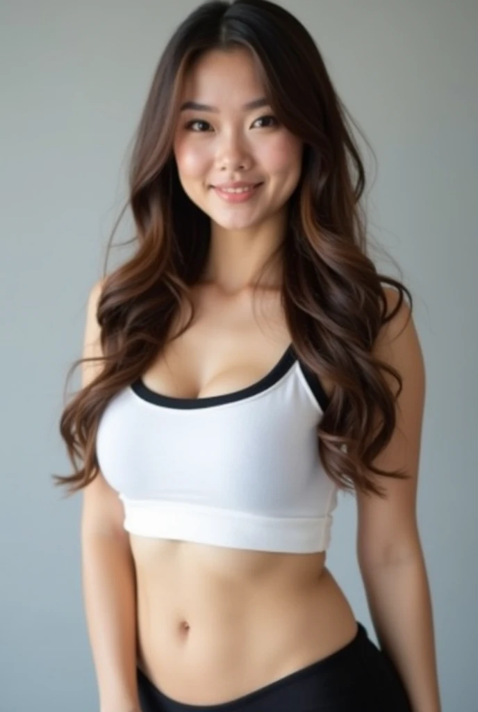 a young Latina, long dark wavy hair, light brown eyes, smiling, posing on her back at the gym wearing white leggings and a sports bra.