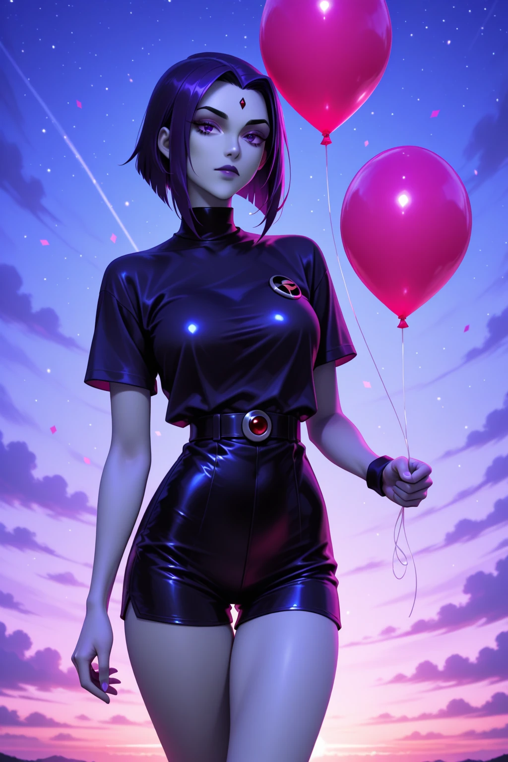 one girl, solo, slender body, fit body, (bust:1.3), (black eyes:1.3), black hair, (short hair:1.2), masterpiece, highly detailed, look at viewer, (look from below, below view:1.3), (leather dress, choker:1.4), (long exposure starry sky with many circular orbits, many stars twinkling in a beautiful bright winter night sky, forest, fractal art, bright colors, colors mashing, complimentary colors, neon, compassionate:1.3), expressing joy, (dark sky background:1.1), (bare shoulders:1.4), (small breasts, tiny breasts, flat chest, male chest:2.0), (limited palette:1.7)