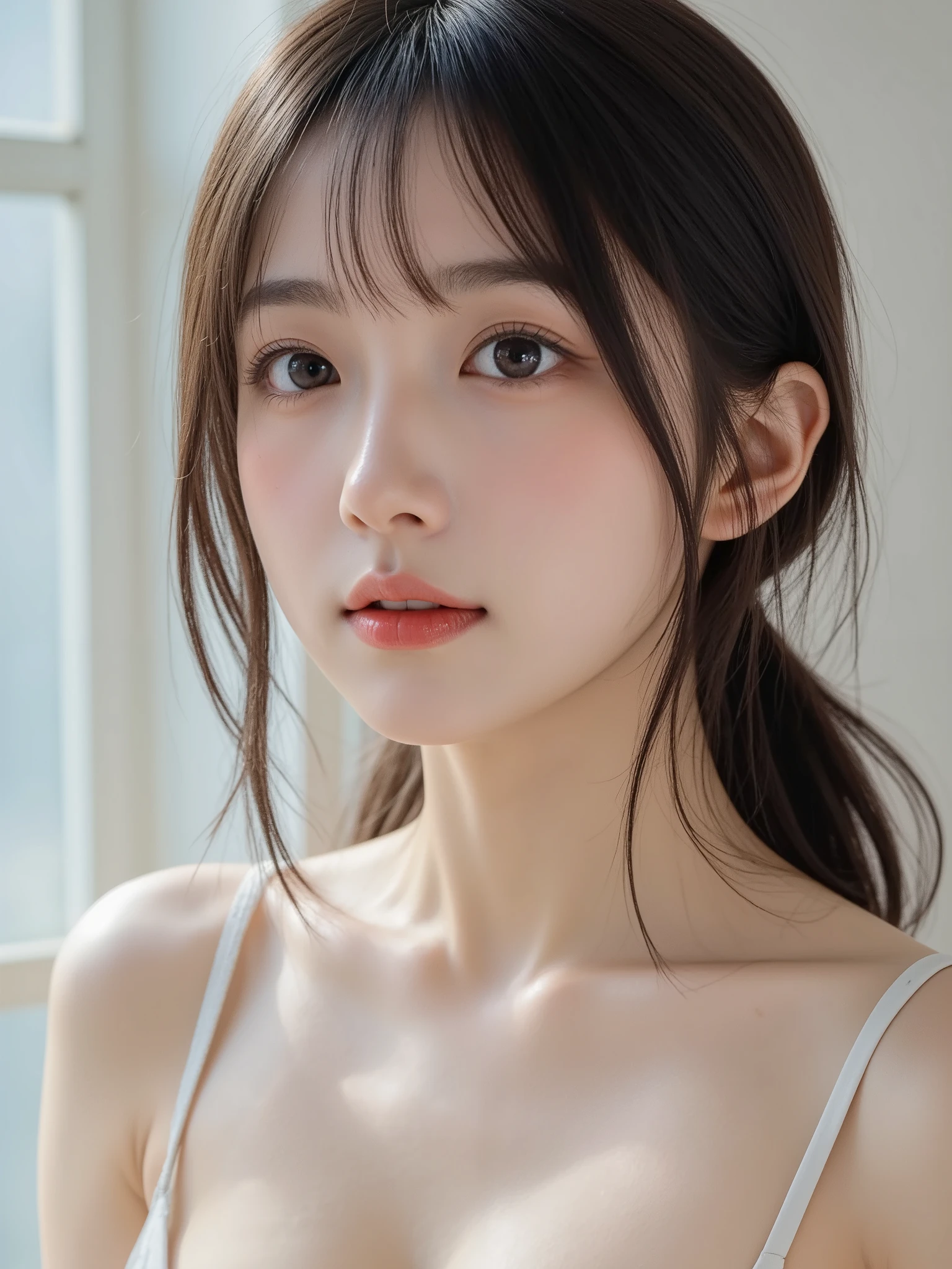 randome pose、mix4、(8K、Raw photography、top-quality、masterpiece:1.45)、(realisitic、Photorealsitic:1.37)、女の子1人、waking up、camisole、(faded ash gray hair:1)、(huge-breasted:1.2)、looking at viewert、a closeup、full body Esbian、Sweaty、Nasty eyes、rub one's breasts、Pinching the chest