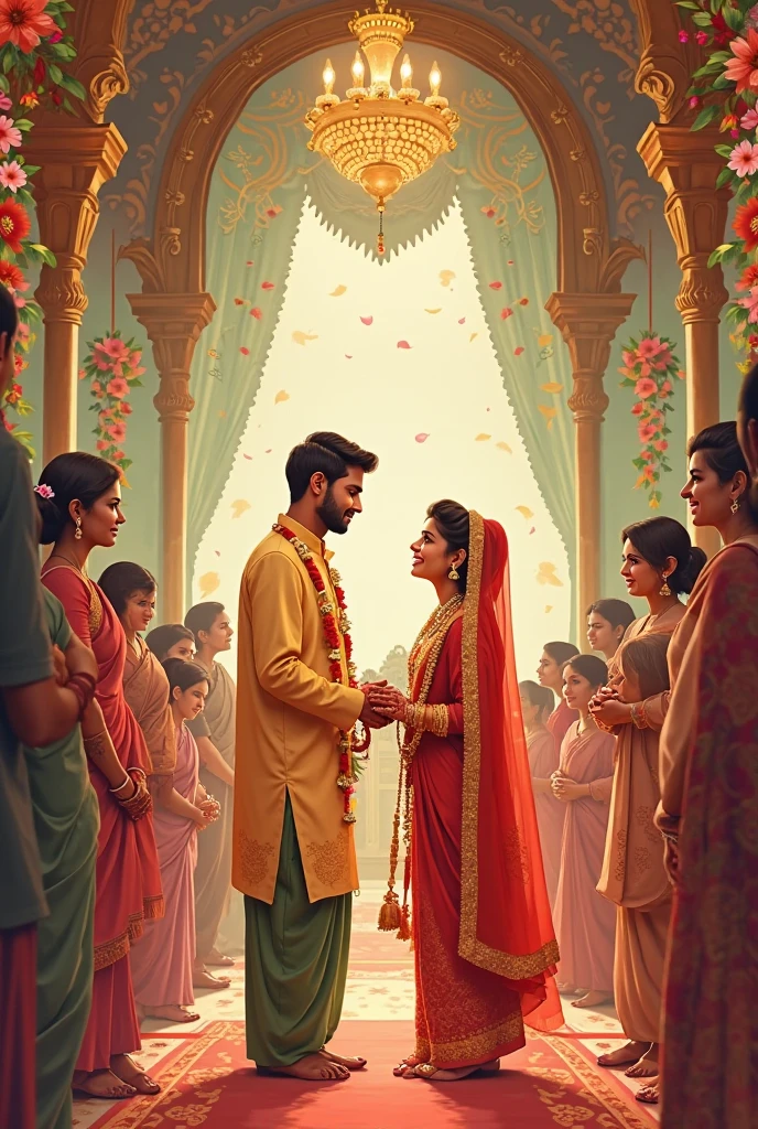 Create a Indian cartoon charcter of The couple standing together in a traditional Indian home, facing each other with worried expressions. The background shows concerned family members in traditional attire, hinting at the challenges they face. The scene is tense, with a warm but somber atmosphere.