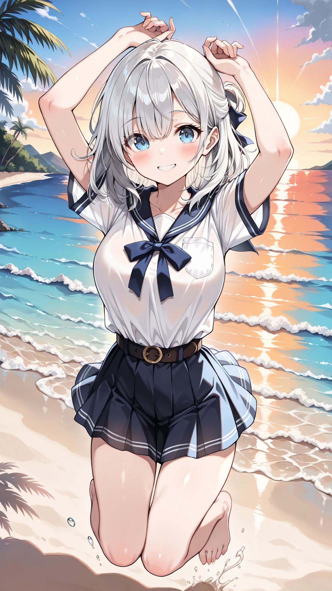 Hamakaze, Hamakaze, Blue eyes, Grey Hair, Hair Ornament, Hair over one eye, hair clips, Short hair, Short hair,BREAK black pantyhose, buttoning, gloves, grey sailor collar, grey skirt, hair clips, neckerchief, pantyhose, Pleated skirt, Sailor collar, School uniform, serafuku, (White seraphuk:1.3),Skirt, White Gloves, Yellow neckerchief,Naughty big、large full breasts、looking at the viewers,BREAK (masutepiece:1.2), Best Quality, High resolution, Unity 8k壁纸, (Illustration:0.8), (Beautiful detailed eyes:1.6), extra detailed face, Perfect Lighting, extremely details CG, (Perfect hands, Perfect Anatomy),Smile with open mouth、(Skirt lift:1.3), (Pink panties-:1.3)、(Skirt that rolls up:1.3)、(Fully exposed panties:1.5)、(outside of house、plein air,:1.3)、(sea side:1.3)