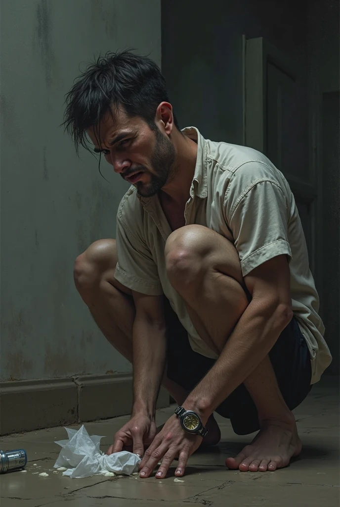 Young Bolivian man with hair and beard, humida, sweaty, sitting in his dirty white underwear on the floor of a public restroom, with a very large mouse between his legs, sniffing licking your underwear.