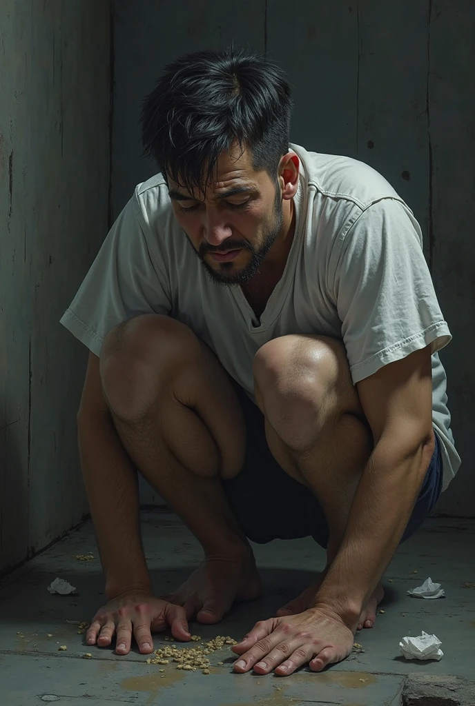 Young Bolivian man with hair and beard, humida, sweaty, squatting in his dirty white underwear on the floor of a public bathroom, with his hand stuck inside his underwear.
