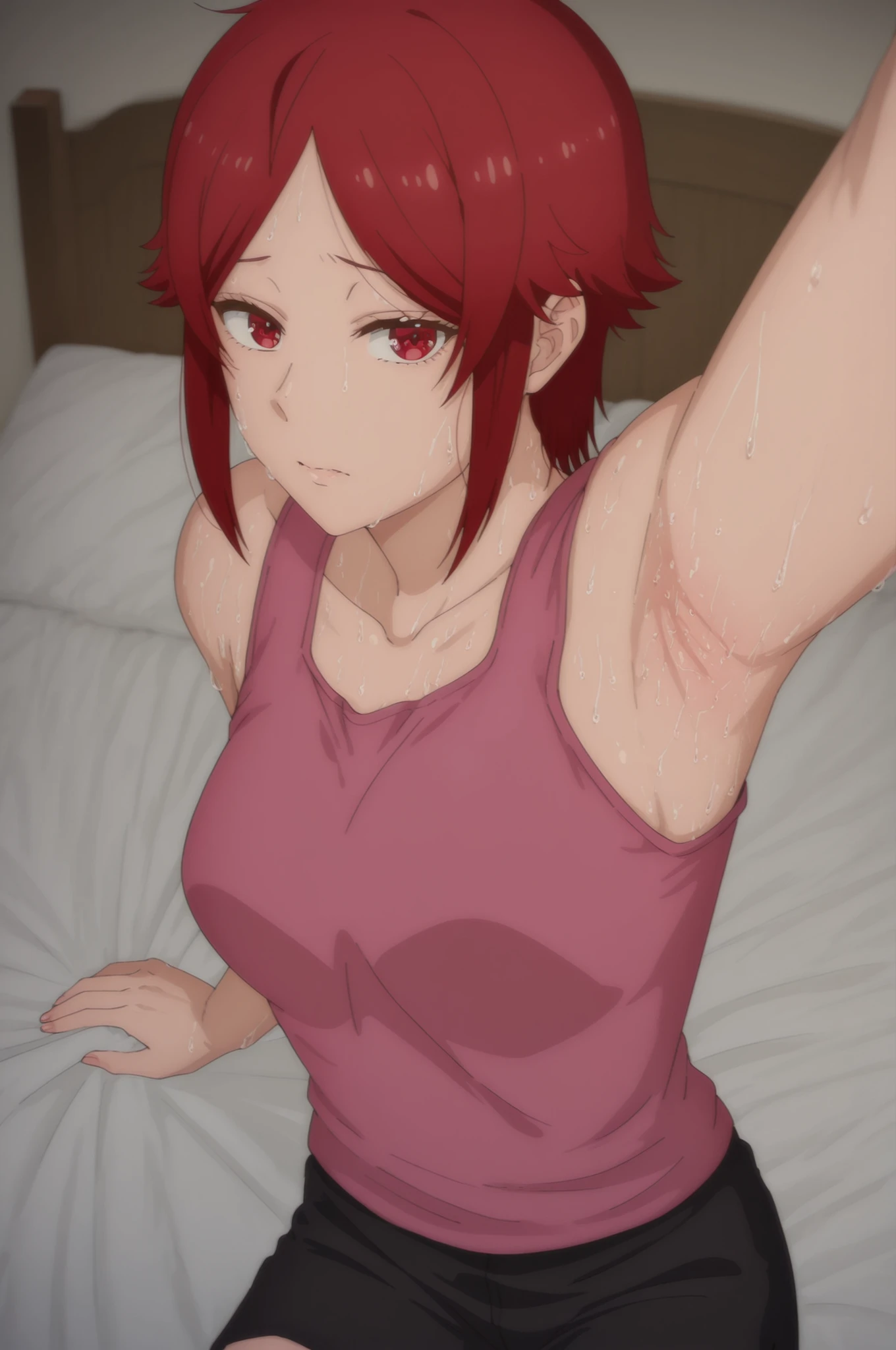 Lora: tomo aizawa, red hair, red eyes pink tank top sweating on bed black shorts honry expression looking at viewer sniffing her own pink armpit
