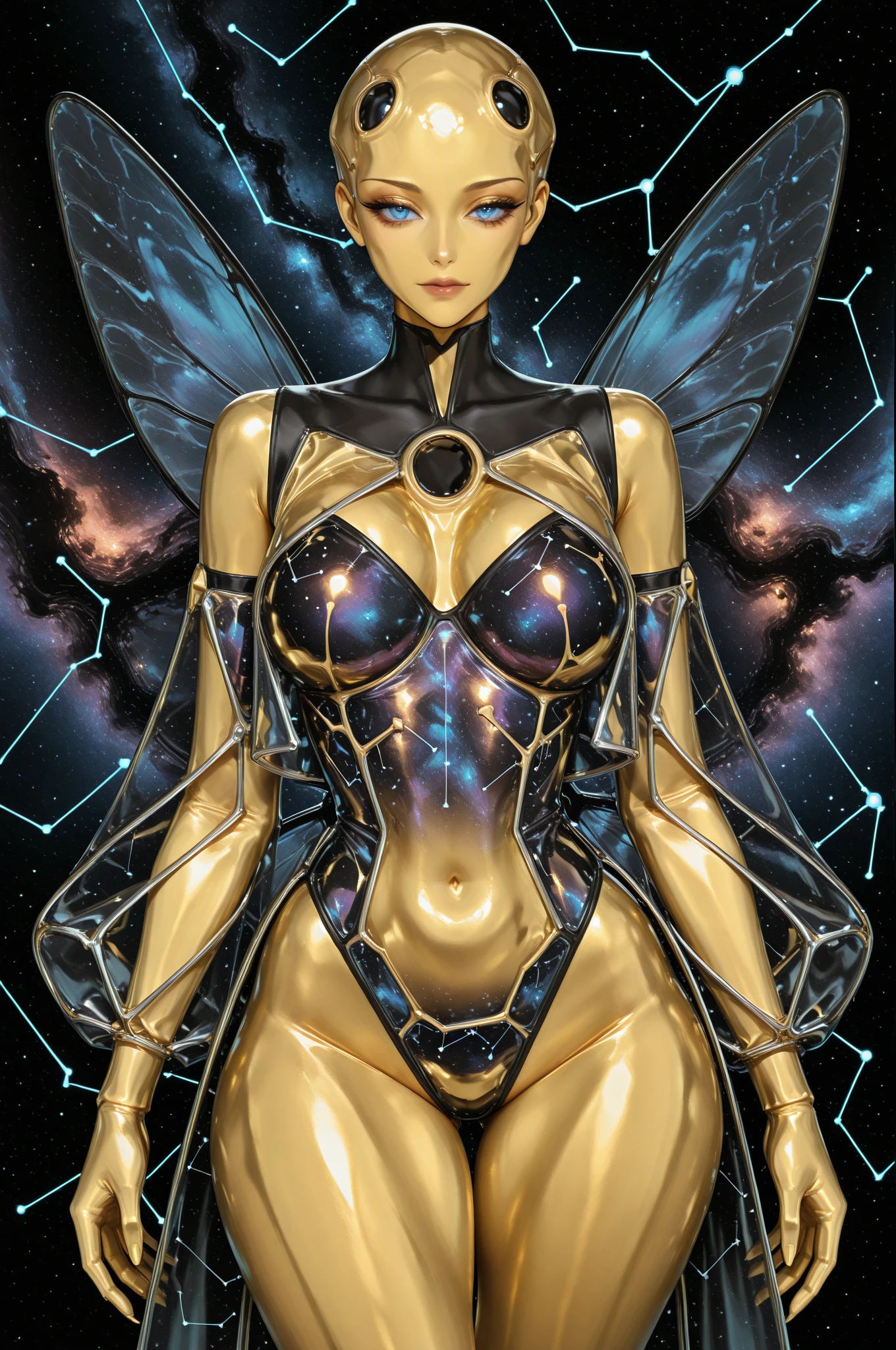 Woman naked with futuristic glass mechanical wings, only in gold body jewlry float in air like cyberpunk fairy, flying on the jungle, ultra Detailed face, ((flying girl)), ((flying on the się, above the green wild jungle)) ((girl flying in the sky on the futuristic)), She flying, flying like cyberpunk fairy, Highly Detailed Face and Skin Texture, big green eyes, juicy lips, bimbo lips, white skin, pale skin, fair complexion (afro curly Black hair), (pale skin), Detailed Eyes, Double Eyelids, wet curly black hair, gold metal cyberpunk tapes, metal Collar, metal gold futuristic ((vaginal piercing)), gold jewelry on wet body, wet skin. She is naked, puffy medium breast, gold substance on the naked breast, naked, White skin, she is on the futuristic cyberpunk flying disc drone in the jungle, futuristic cyberpunk pilot helmet on head. Piercing in the nose. (Full body), ((dynamic posture))