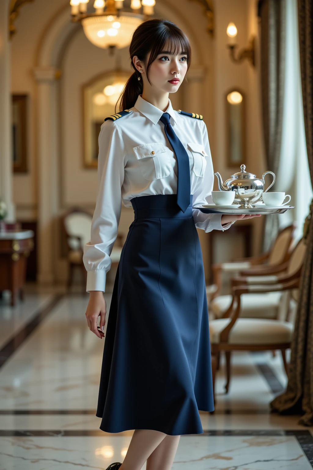 masterpiece,ultra-detailed,best quality, cute face,clean skin ,shiny hair,
1girl,  jyojifuku, marching, hat, skirt,uniform,white gloves,white footwear,boots,epaulettes,salute,  upper body, track, outdoor, 
 <lora:marching uniform v1.0:0.8> marching, jyojifuku