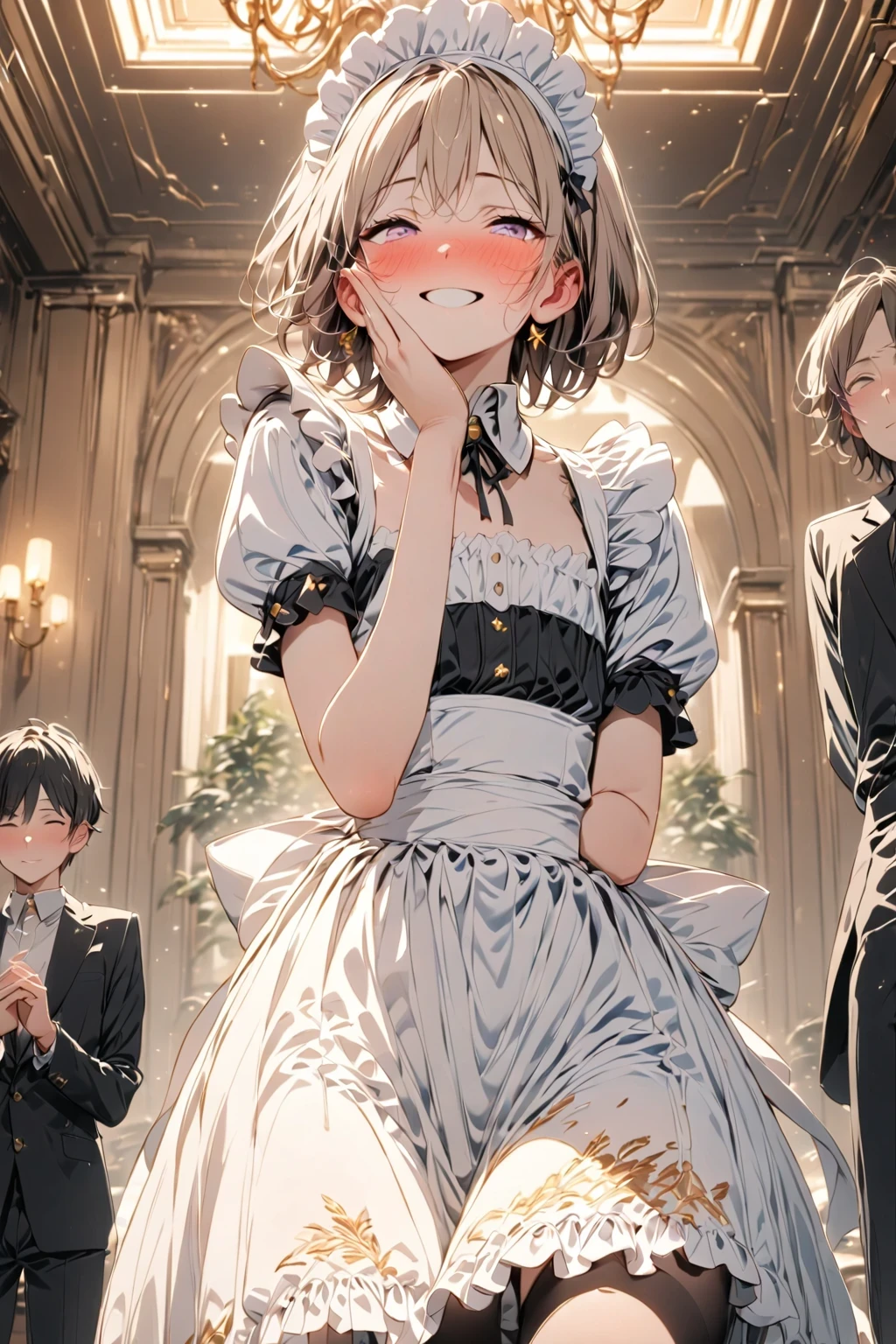 slightly low angle, slightly height difference, teenage male boy standing, very short hair, flat chest, crossdressing, wearing maid outfit, maid headdress, apron with gold embroidery, half-closed eyes, adoring gaze, full-face blush:1.3, ear blush, nose blush, embarrassed, touching his own cheeks with both hands,
female adult curvaceous maid with medium hair next to him, smiling warmly, expressing admiration, looking at him,
luxurious room, cinematic composition, warm lighting, best quality, masterpiece, high detail, high resolution,
